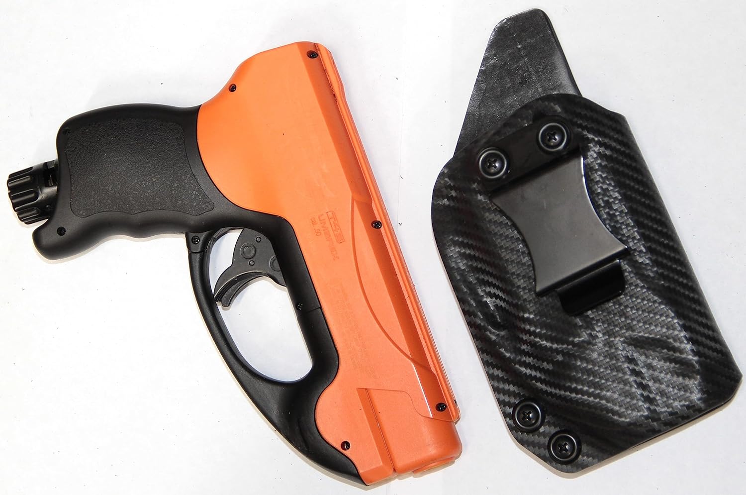 REVKEL Custom IWBAIWB Kydex Holster CCW para pistola de bolas de pimienta compacta UMAREX HDP 50. Fibra de carbono negra. Dibujo a mano derecha.
