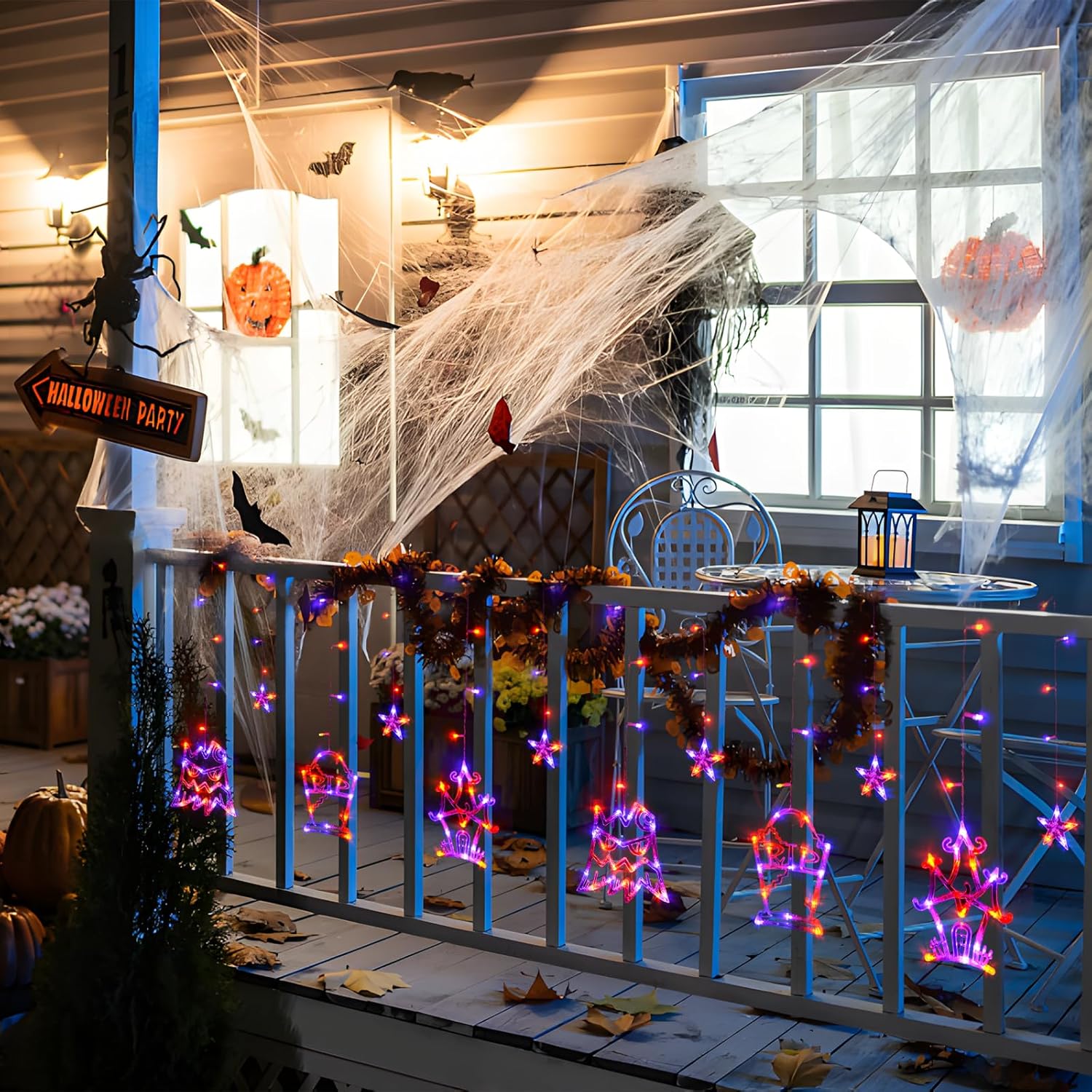 LOLStar Guirnalda de luces de Halloween para ventana, color naranja y morado, decoraciones de Halloween, lápida de árbol y castillo, 183 luces LED