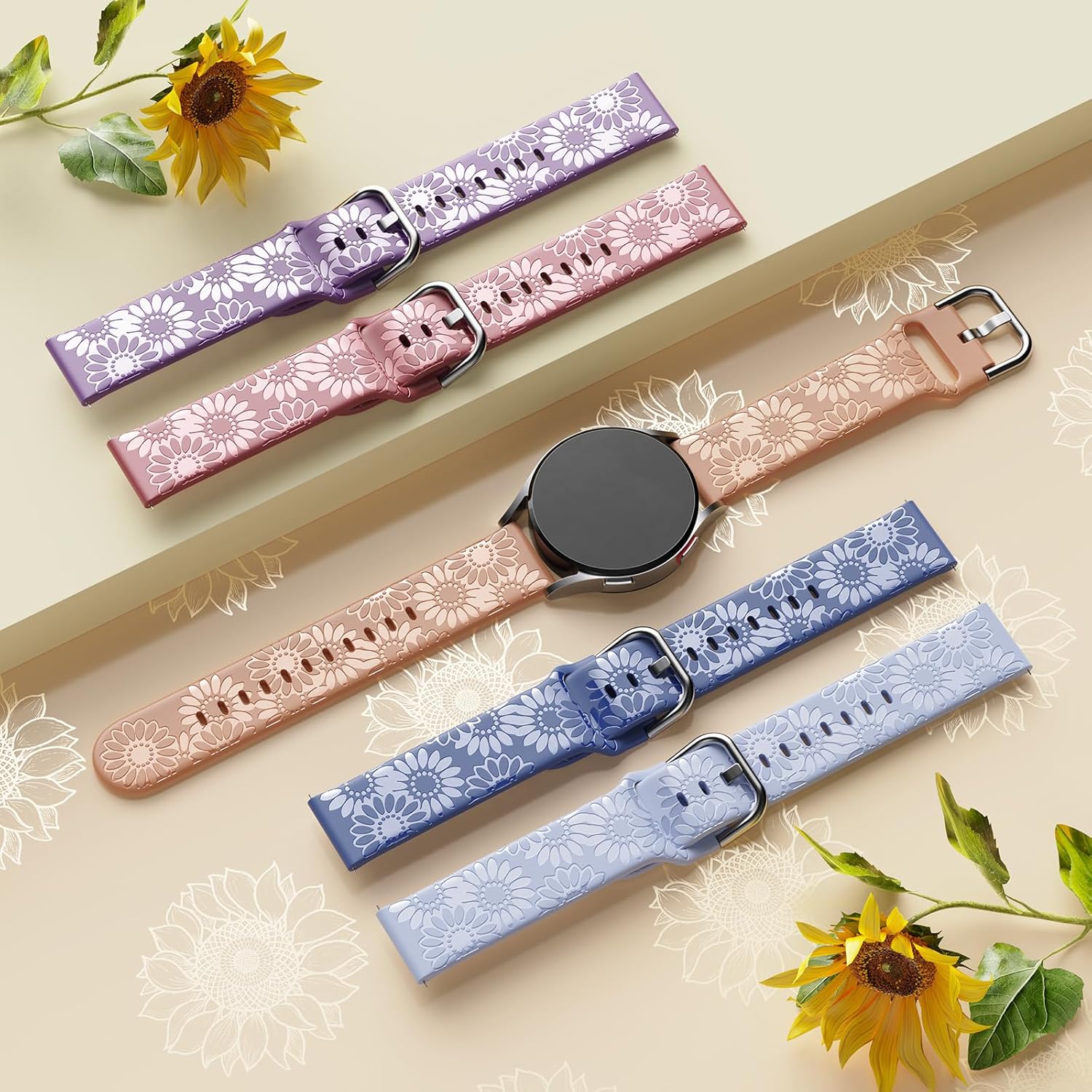 Correa grabada de girasol compatible con Samsung Galaxy Watch 6 5 4 1.575 in 1.732 in5 Pro 1.772 inWatch 6 4 Classic 1.693 in 1.850 in 1.654 in