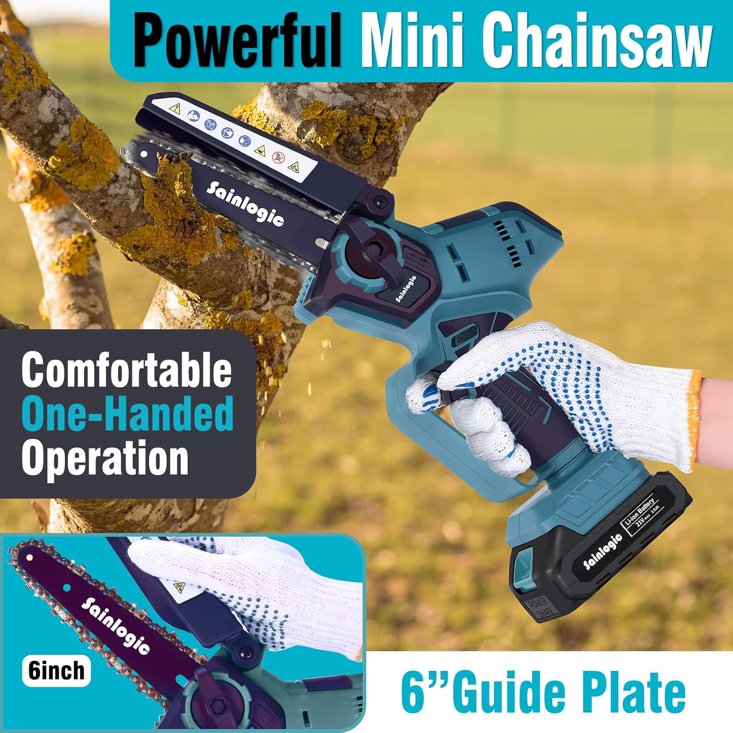Sainlogic Mini motosierra inalámbrica, mini motosierra de 6 pulgadas inalámbrica, motosierra de mano alimentada por batería, motosierra eléctrica