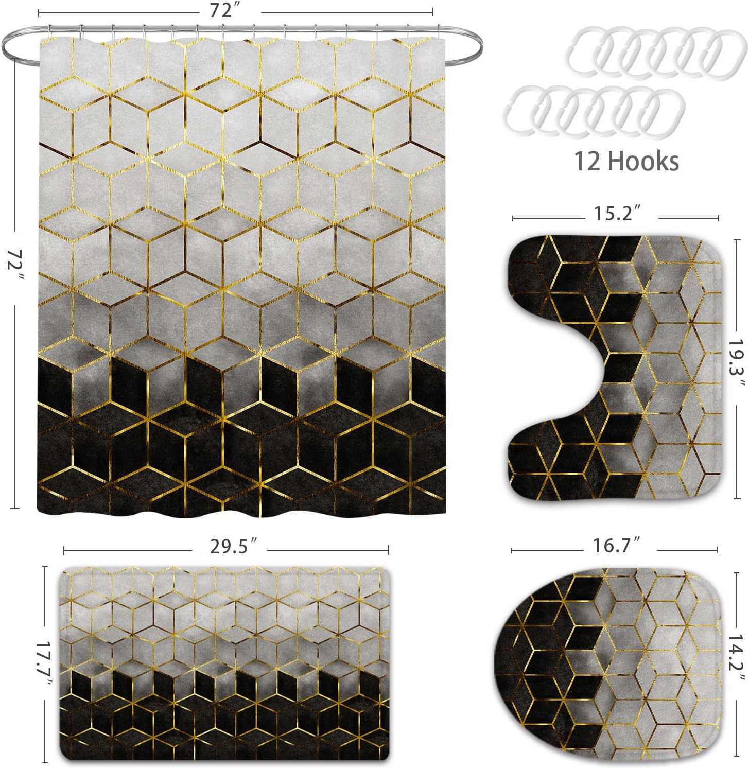 Gibelle Juego de 4 cortinas de ducha de baño con alfombras antideslizantes, cubierta para tapa de inodoro y tapete de baño, líneas cúbicas doradas
