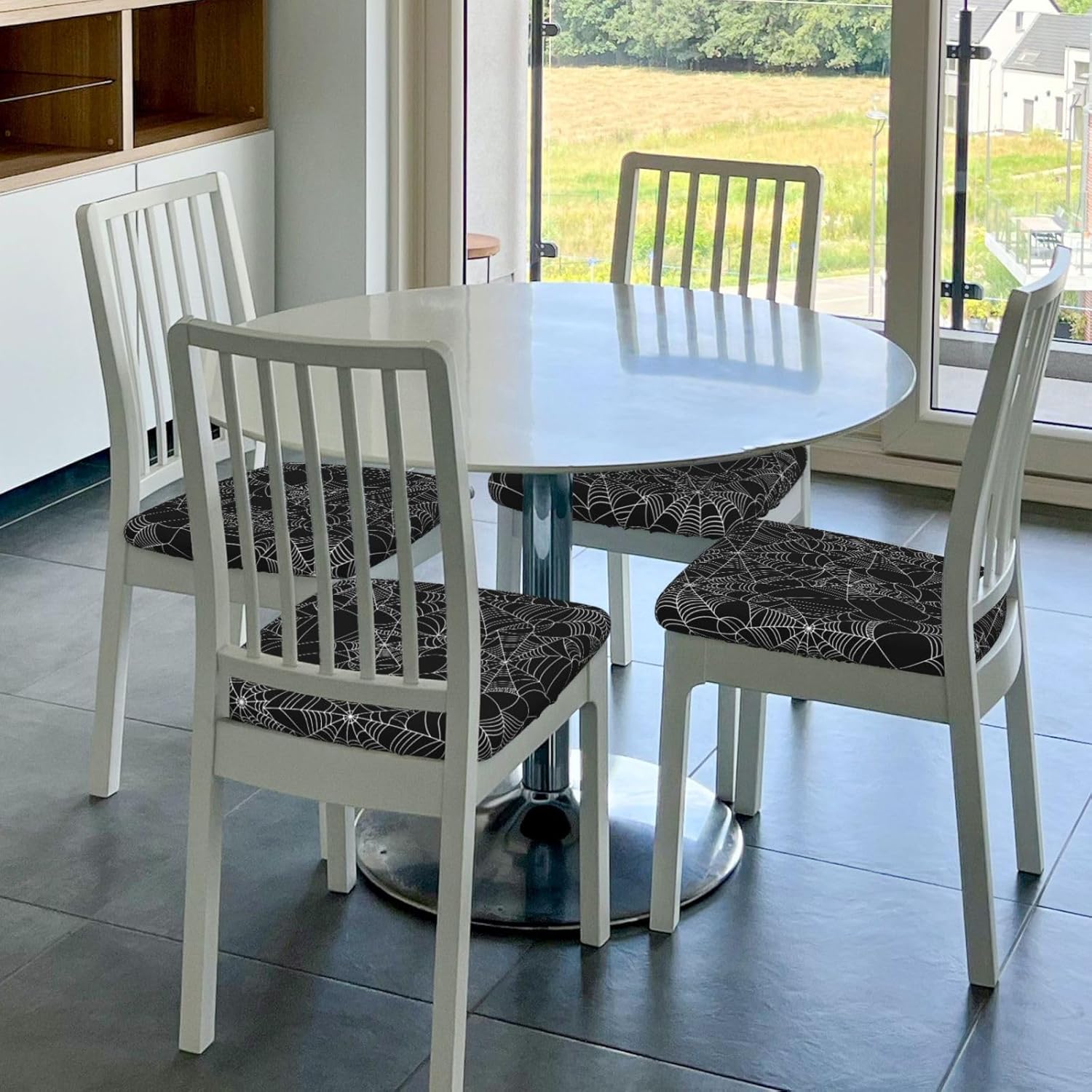 Juego de 4 fundas de asiento para sillas de comedor, fundas elásticas de tela de araña de Halloween, fundas de cojín para cocina, oficina