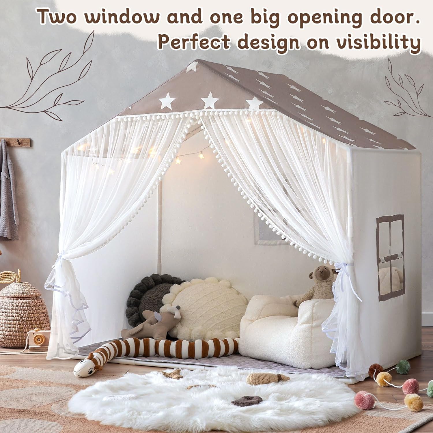 Tienda de campaña para niños con alfombra, tienda de campaña grande con cortinas de puerta de pompones, casa de juegos para niños para niñas y