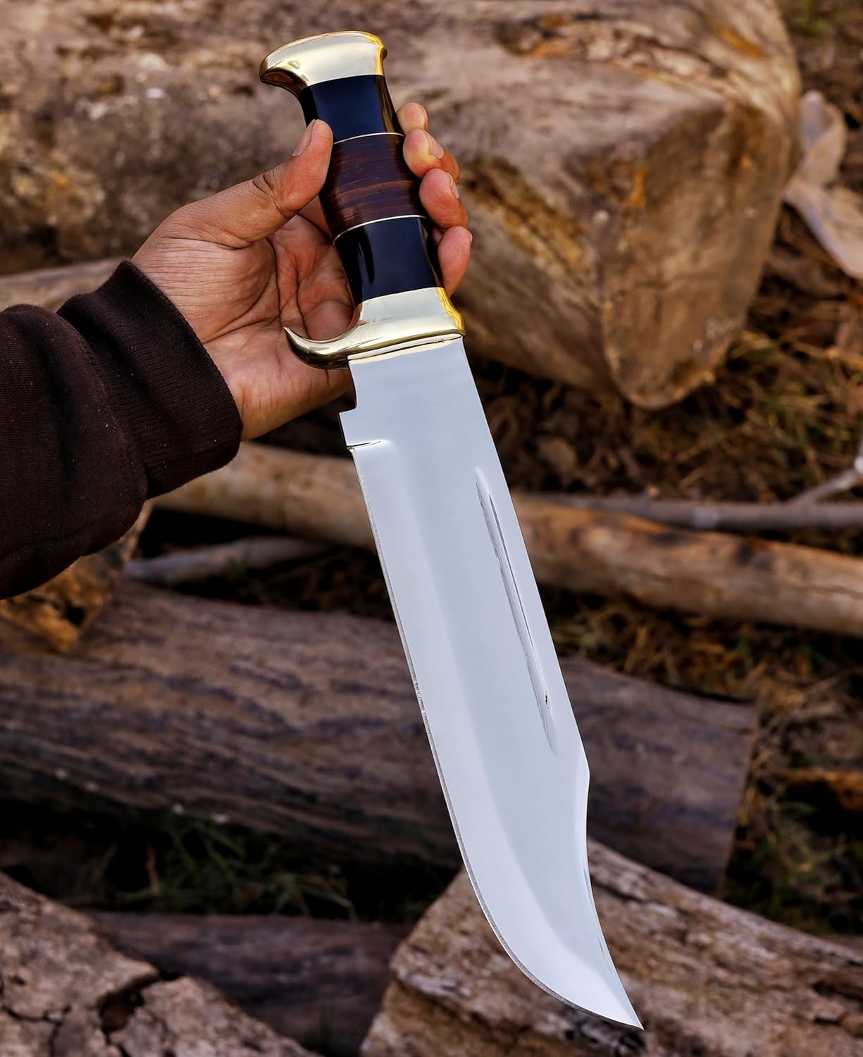 HMC – Cuchillo Bowie Dundee de cocodrilo grande hecho a mano de 15 pulgadas con funda de cuero, cuchillo Bowie de acero inoxidable D2 pulido espejo
