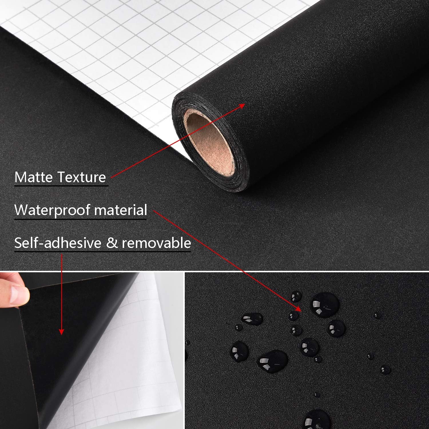 Mecpar – Papel tapiz de vinilo texturizado de color negro liso mate, 15.7 x 78.7pulgadas, grueso, autoadhesivo, desmontable y resistente al agua,