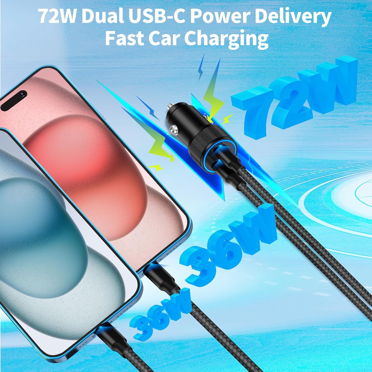 USB-C Car Charger Fast Charging, Linocell 2Pack 72W Dual PD Power Cigarette Lighter Zinc Alloy Type-C Car Charging Adapter for iPhone 1515