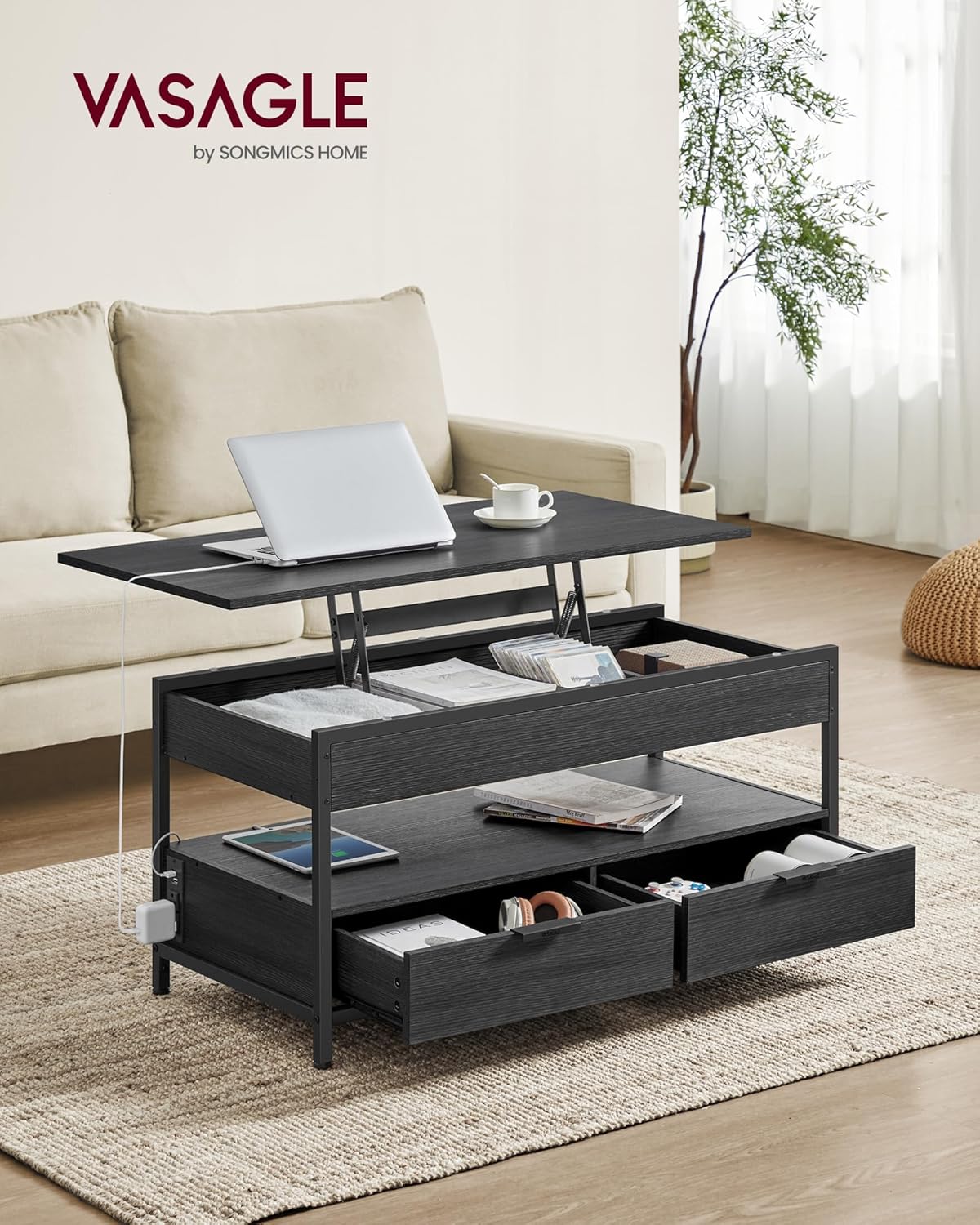 VASAGLE ULCT206B22 – Mesa de centro elevable con cajones de almacenamiento y estación de carga, mesa auxiliar para sala de estar con parte superior