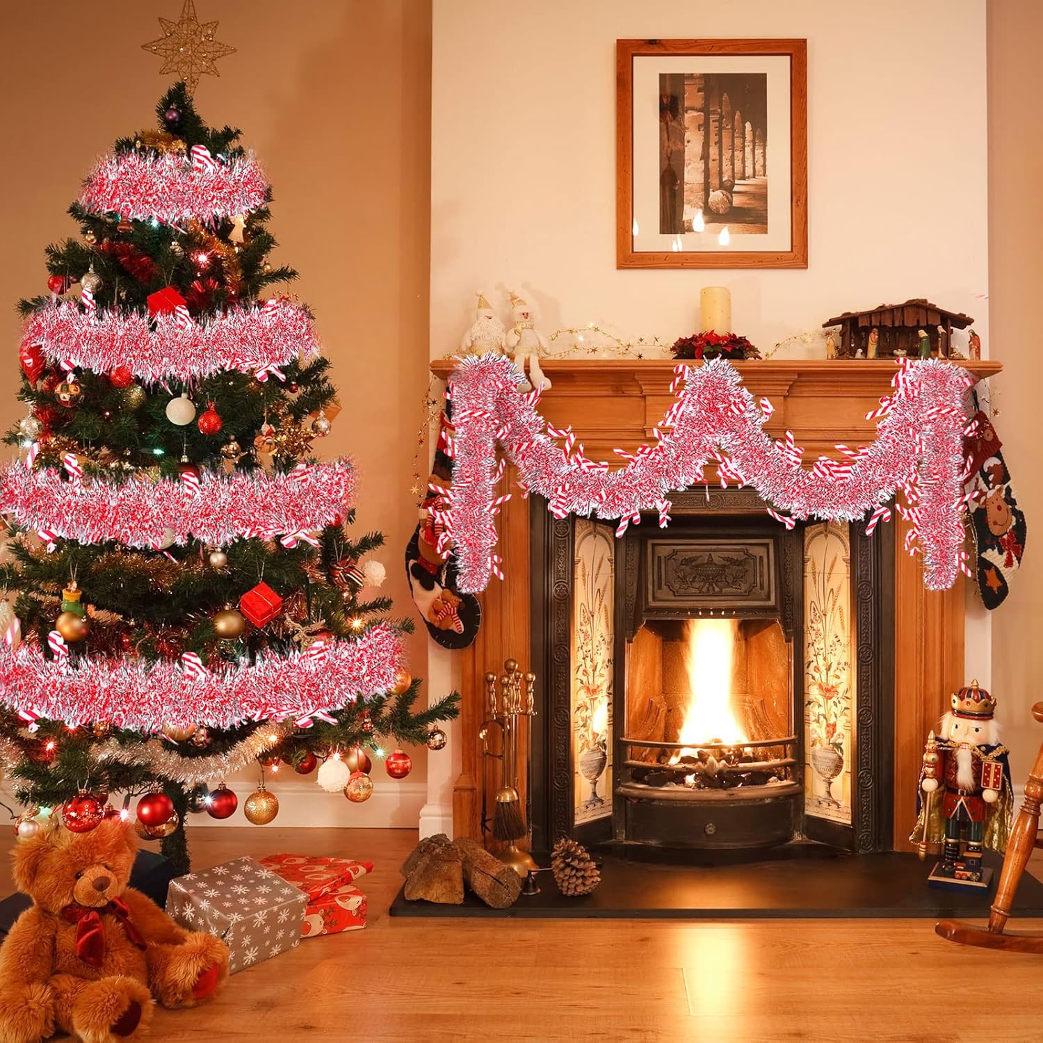 Guirnalda de oropel de Navidad de 40 pies para árbol de Navidad, guirnalda metálica para colgar en interiores y exteriores, suministros de fiesta