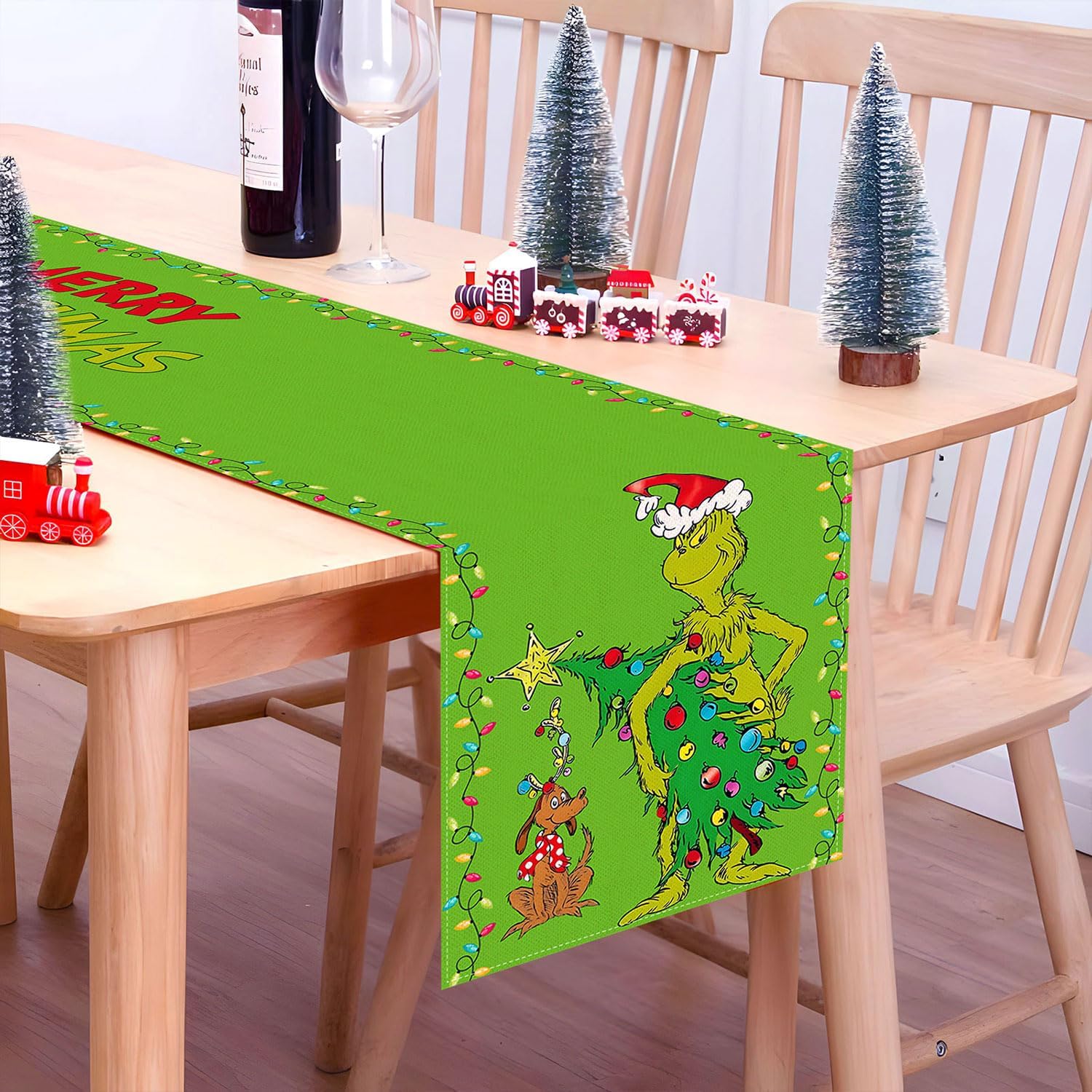 Camino de mesa Grinchmas Merry Christmas Whoville para fiestas de invierno, cocina, chimenea, comedor, decoración del hogar (verde, 13 x 90 pulgadas)