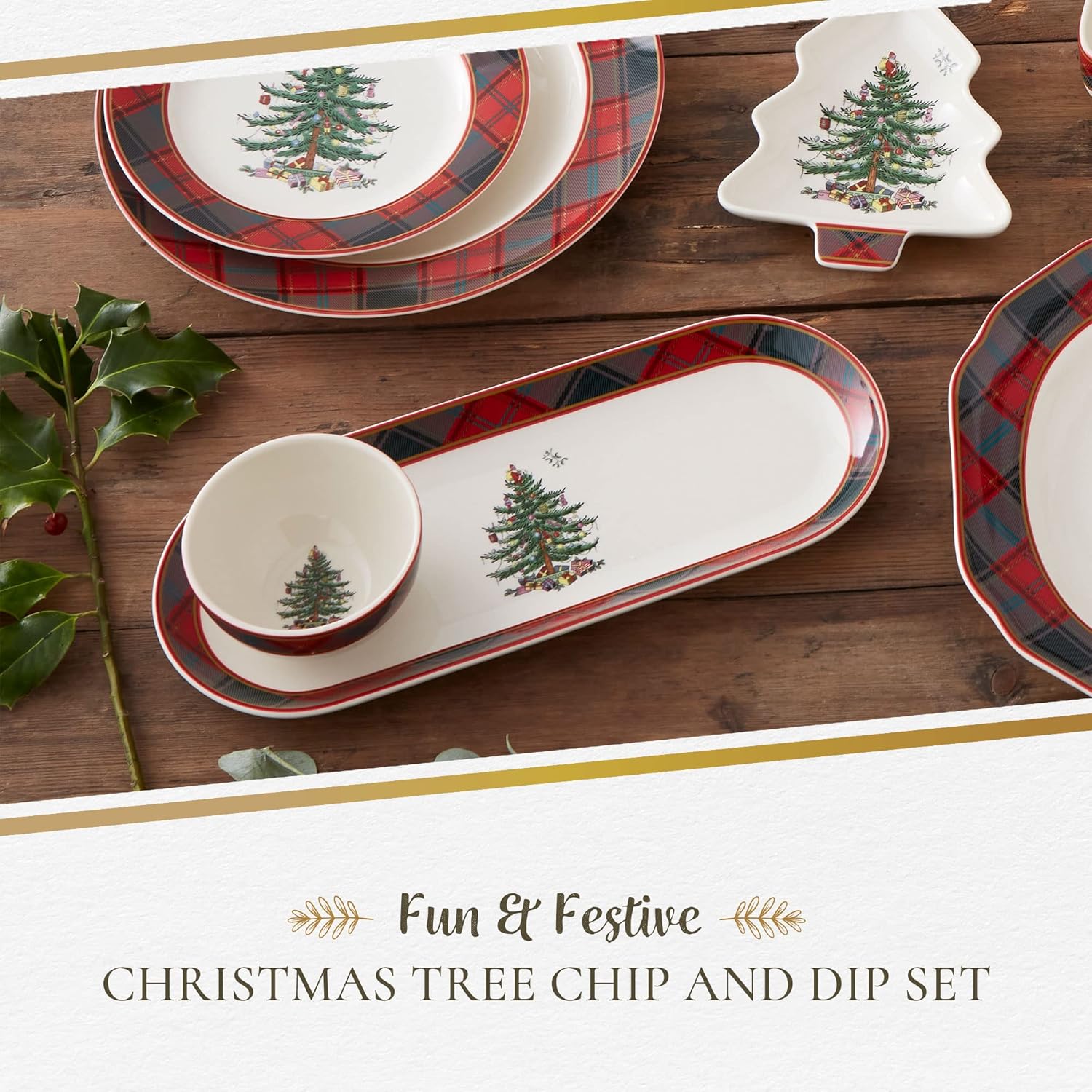 Spode Colección de árbol de Navidad  Tartán de 2 piezas para astillas y salsas, mide 13 pulgadas, hecho de loza fina, para salsas y aperitivos, apto