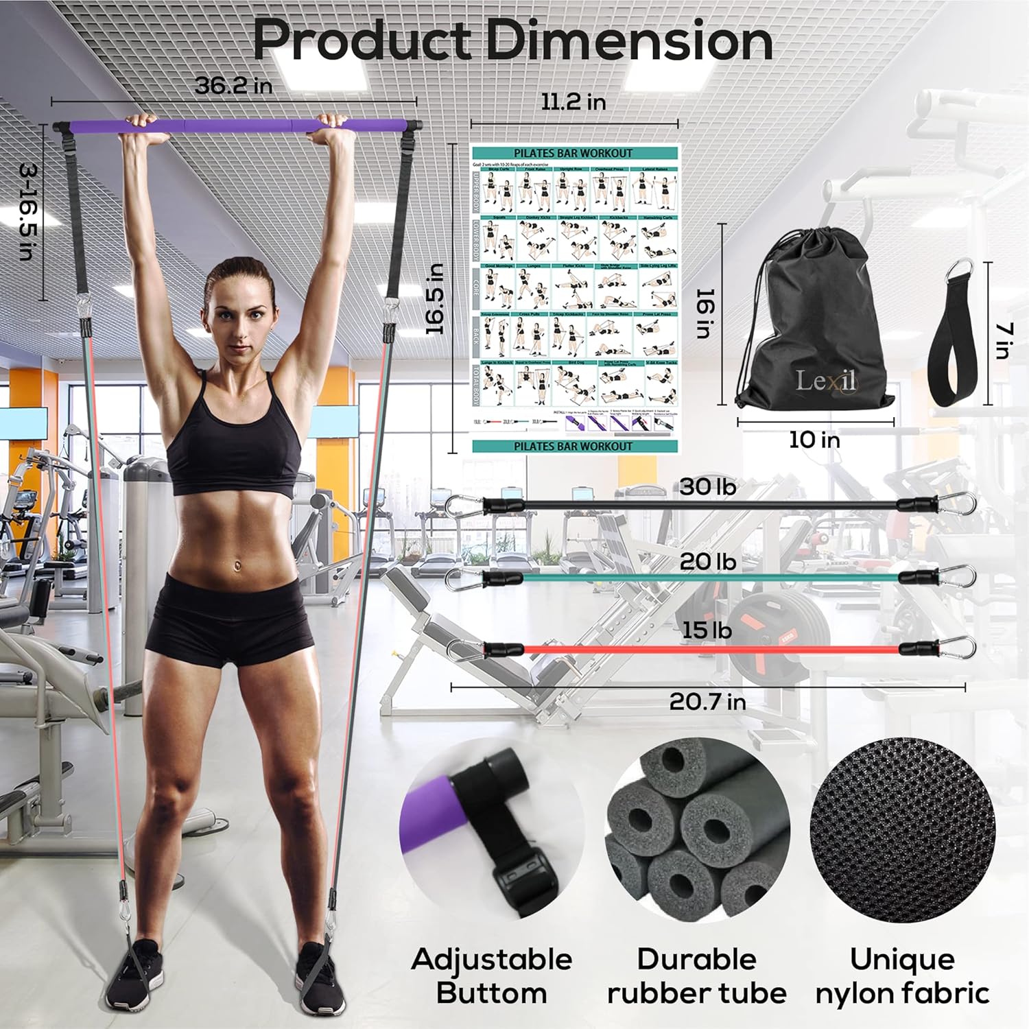 LEXIL Kit de ejercicios de barra de pilates portátil, apilable, 3 pares de bandas de resistencia (15, 20, 30 libras), equipo de gimnasio en casa