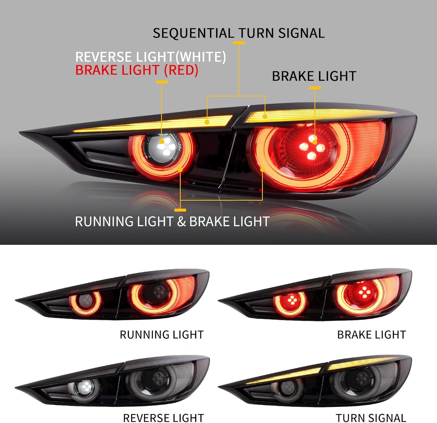 VLAND – Luces traseras LED secuenciales compatibles con Mazda 3 Axela 2014-2018, montaje de lámpara trasera LED de freno de marcha atrás, lente
