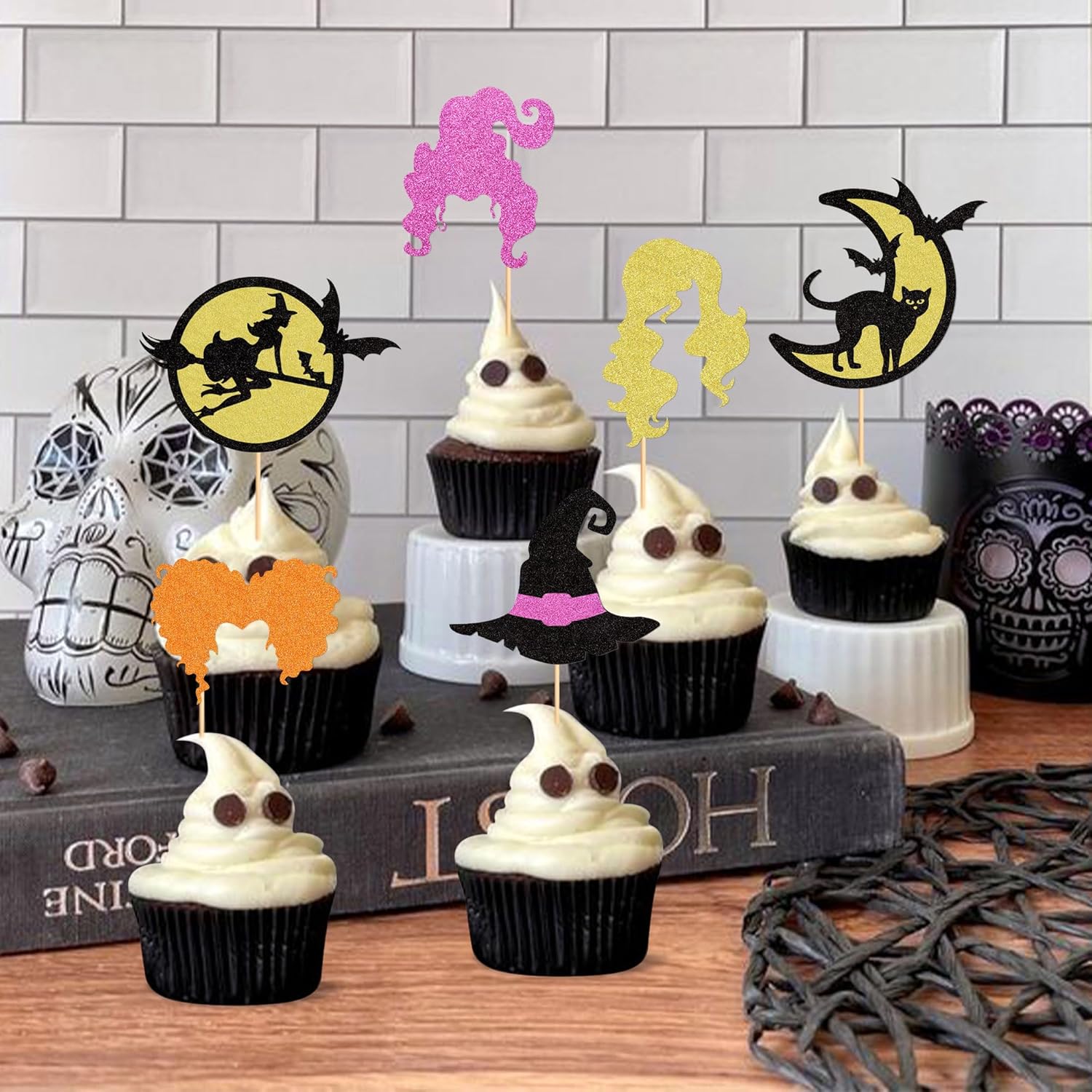 Ercadio Paquete de 24 adornos para cupcakes de Halloween Hocus Pocus, con brillantina, para cabello de bruja, carrito de pelo de bruja, decoraciones