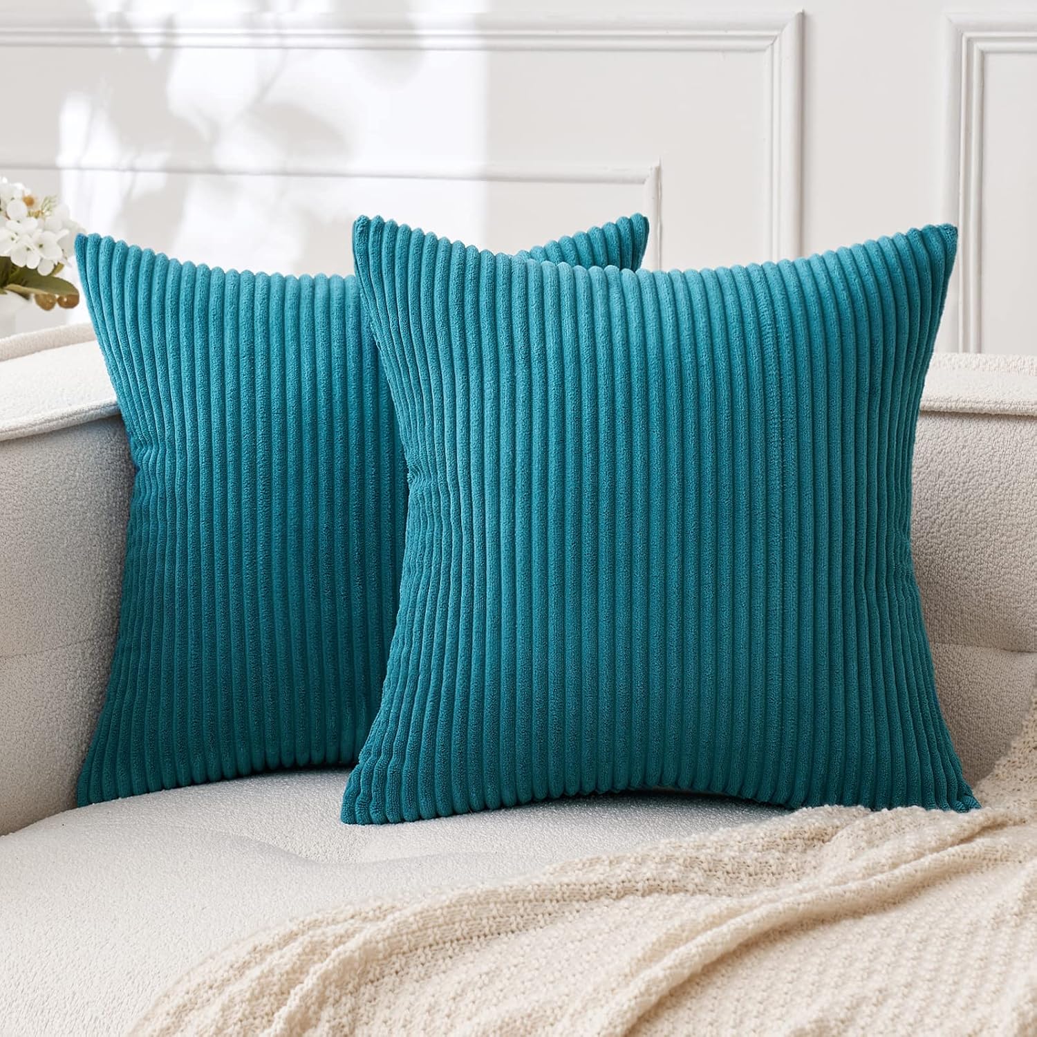MIULEE Paquete de 2 fundas de almohada de pana verde azulado suave a rayas sólidas, fundas de almohada decorativas cuadradas para sofá, dormitorio,