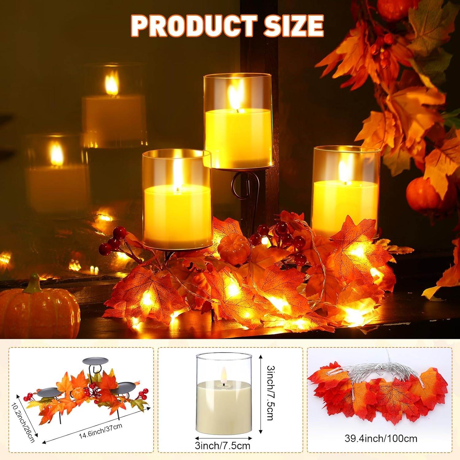 Mifoci Centro de mesa de otoño, portavelas de Acción de Gracias con 3 velas LED y 1 tira de luces, hojas de arce, centro de mesa decorativo de otoño
