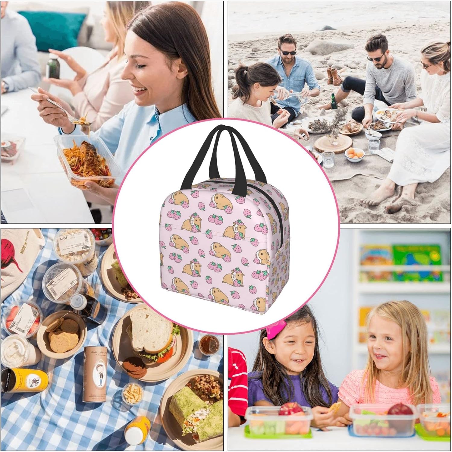 Caja de almuerzo con diseño de conejillo de indias rosa y fresa Bento bolsa de viaje picnic cajas de asas aisladas contenedor duradero bolsa de