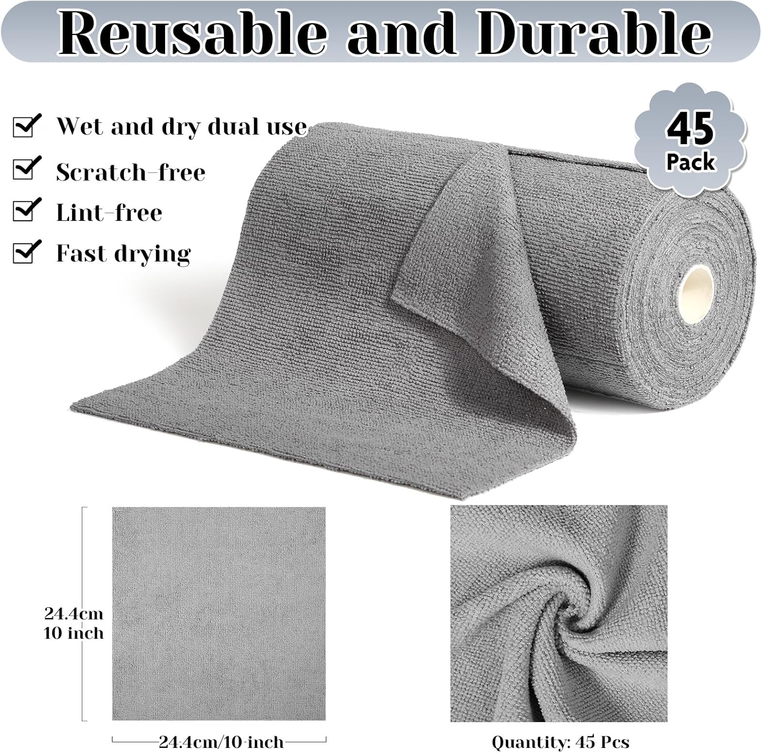 Paquete de 45 paños de limpieza de microfibra, 10 x 10 pulgadas, toallas reutilizables, lavables, toallas de microfibra súper absorbentes para secar