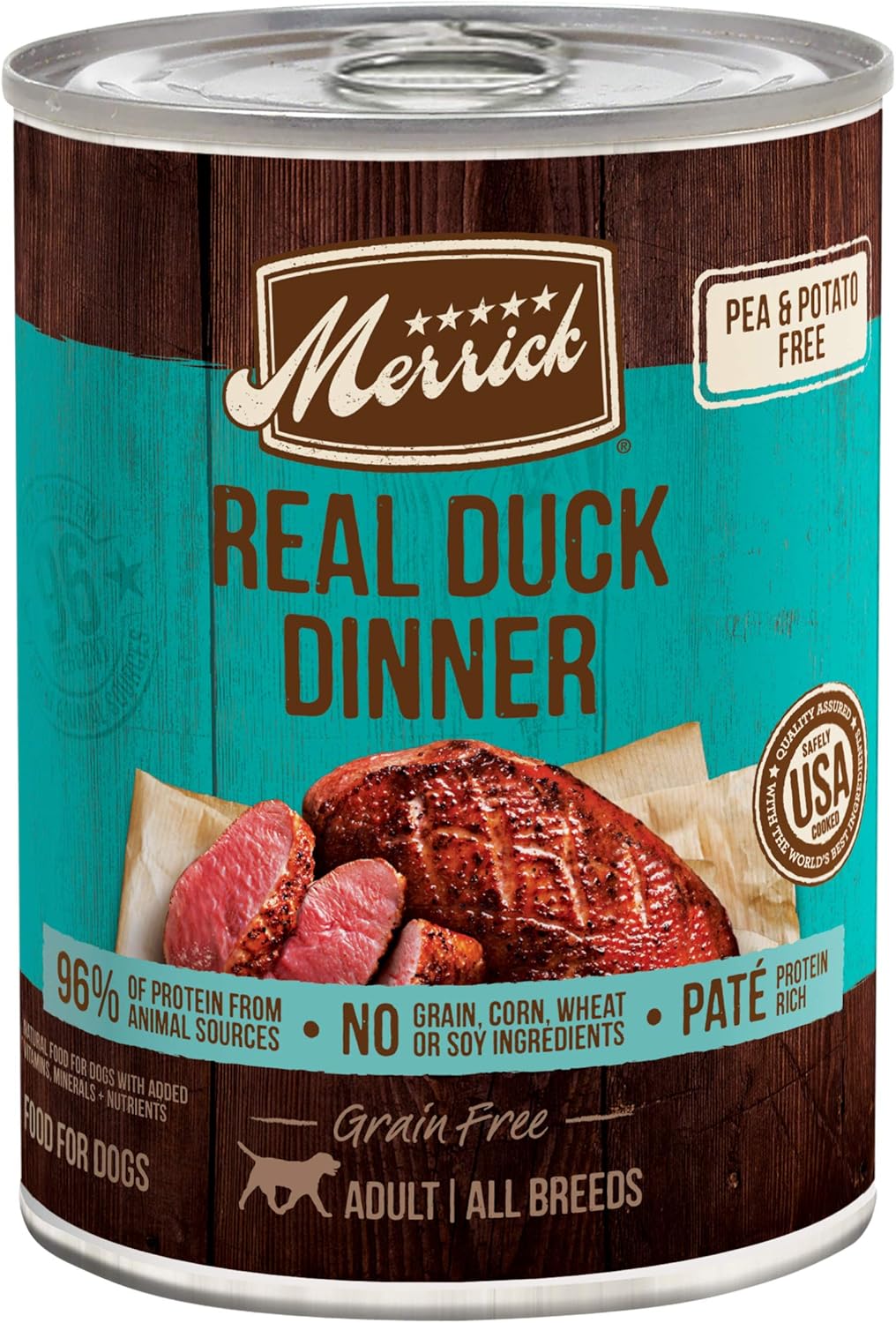 Merrick Comida húmeda sin cereales para perros, cena de pato real, comida enlatada para perros, (12) latas de 12.7 onzas