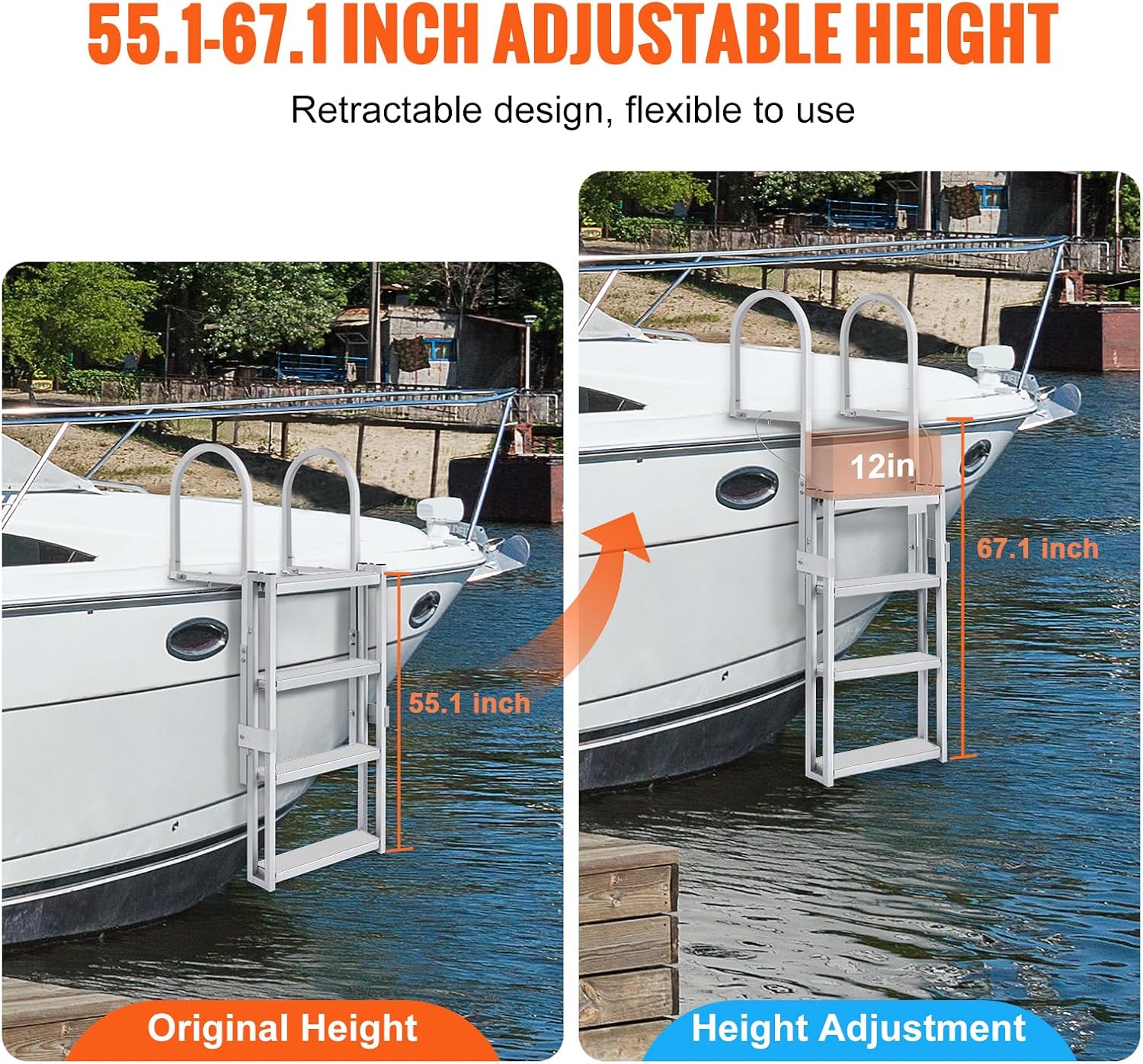 VEVOR Escalera retráctil para muelle con pedales antideslizantes, escalera para barco pontón de 56 a 68 pulgadas de altura total ajustable, escalera