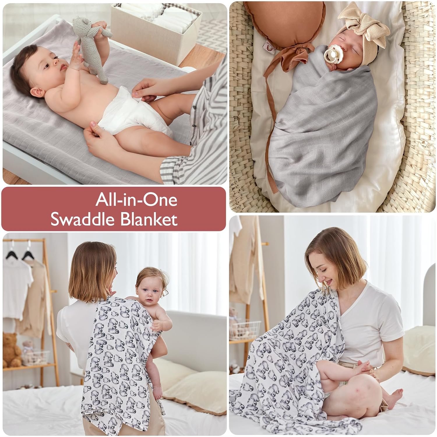 Momcozy Mantas de muselina suaves y mejoradas, lindo pingüino + gris sólido neutro a juego, paquete de 2 mantas transpirables de gasa de 2 capas