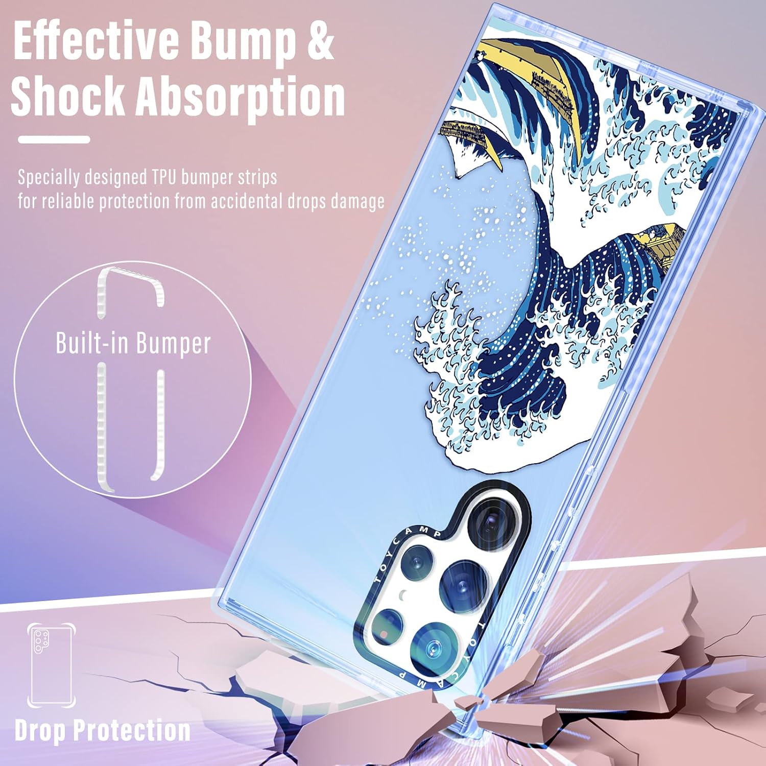 Toycamp Funda para S23 Ultra con soporte de anillo, bonito diseño de olas de mar para mujeres, niñas, niños y adolescentes para S23 Ultra, bonita