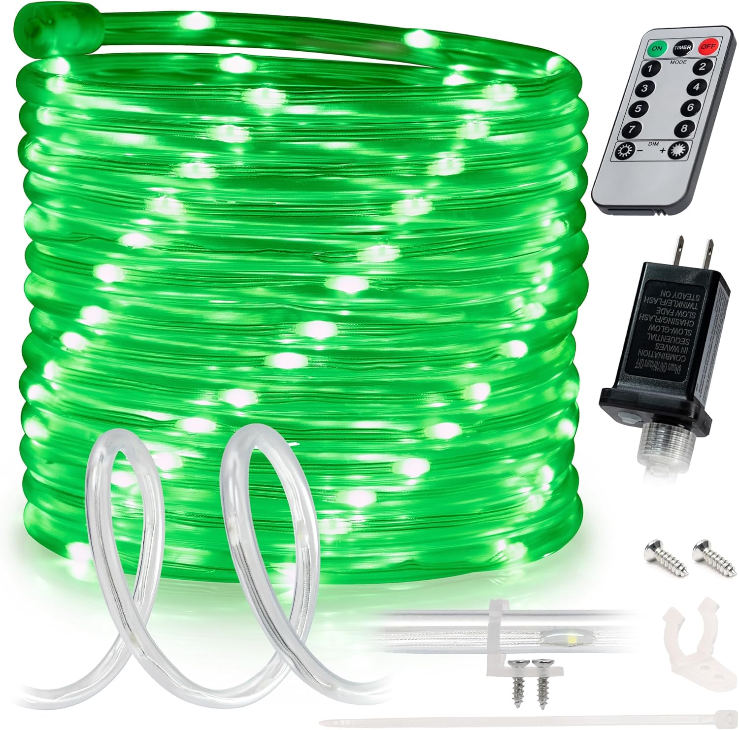 WYZworks Cuerda de luz LED verde de 100 pies, 8 modos, iluminación impermeable para exteriores con control remoto, tubo transparente flexible,