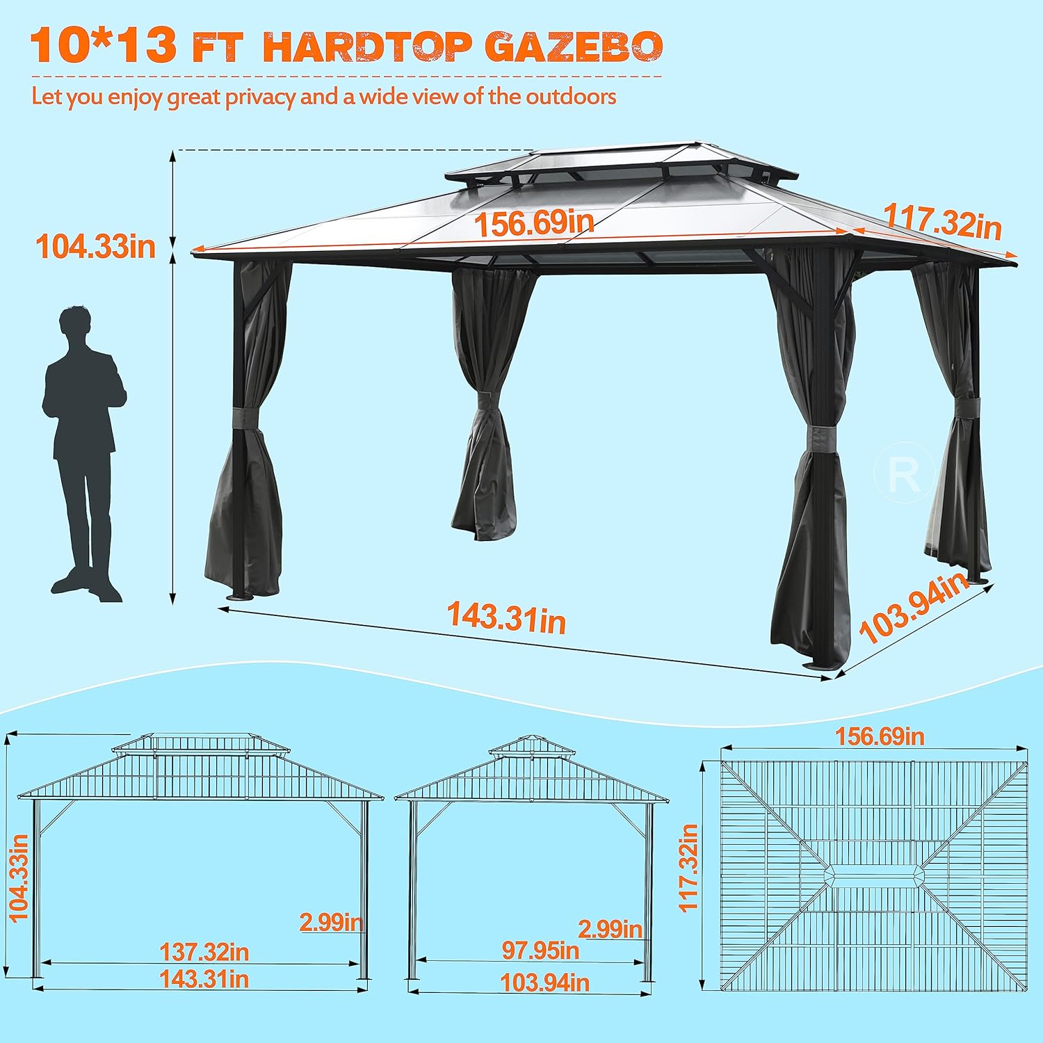 MUPATER Gazebo de policarbonato de 10 x 13 pies con marco de aluminio, cenador de patio de doble techo, pabellón permanente al aire libre con malla