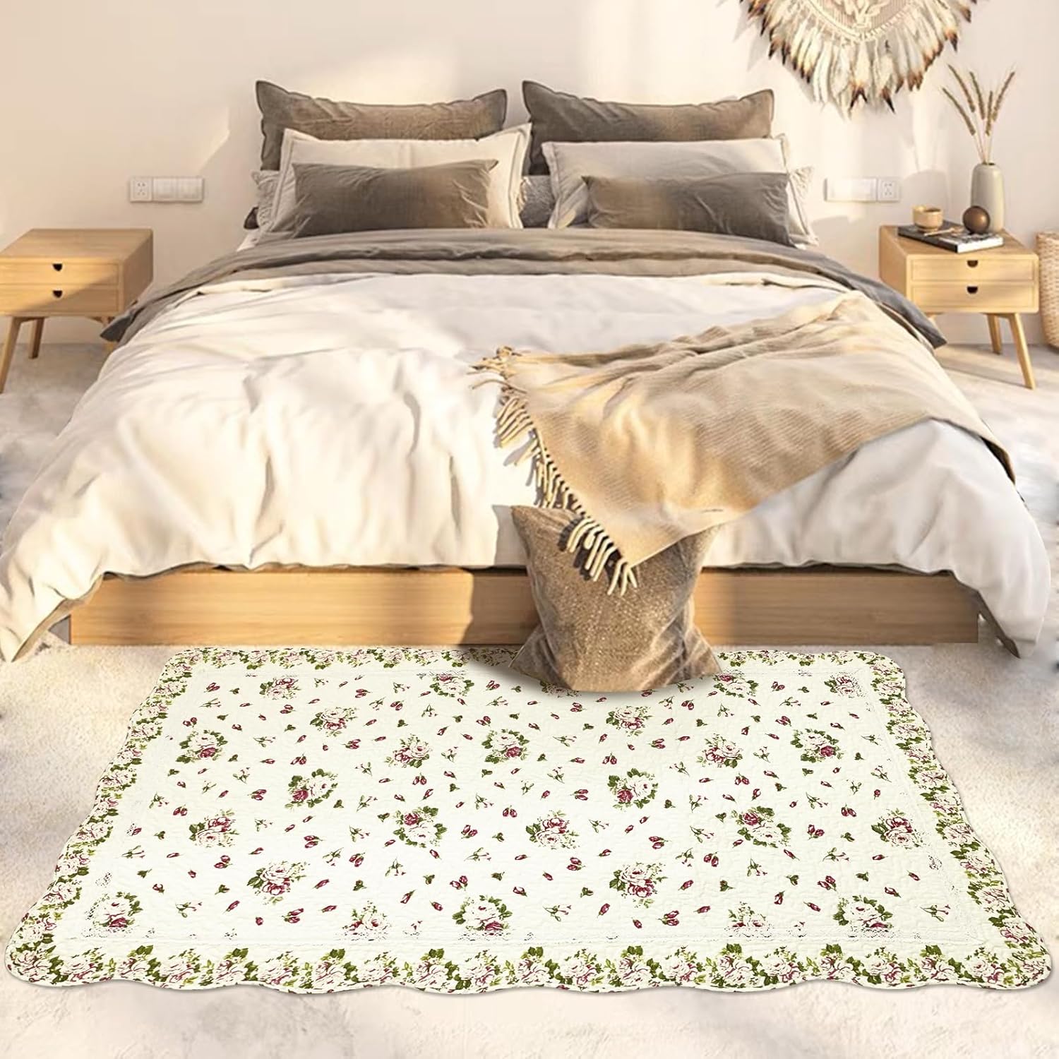 USTIDE Alfombra de algodón natural de 3 x 5 con diseño de flores de rosas, capullos de flores de rosas desgastadas, lavable a máquina, para