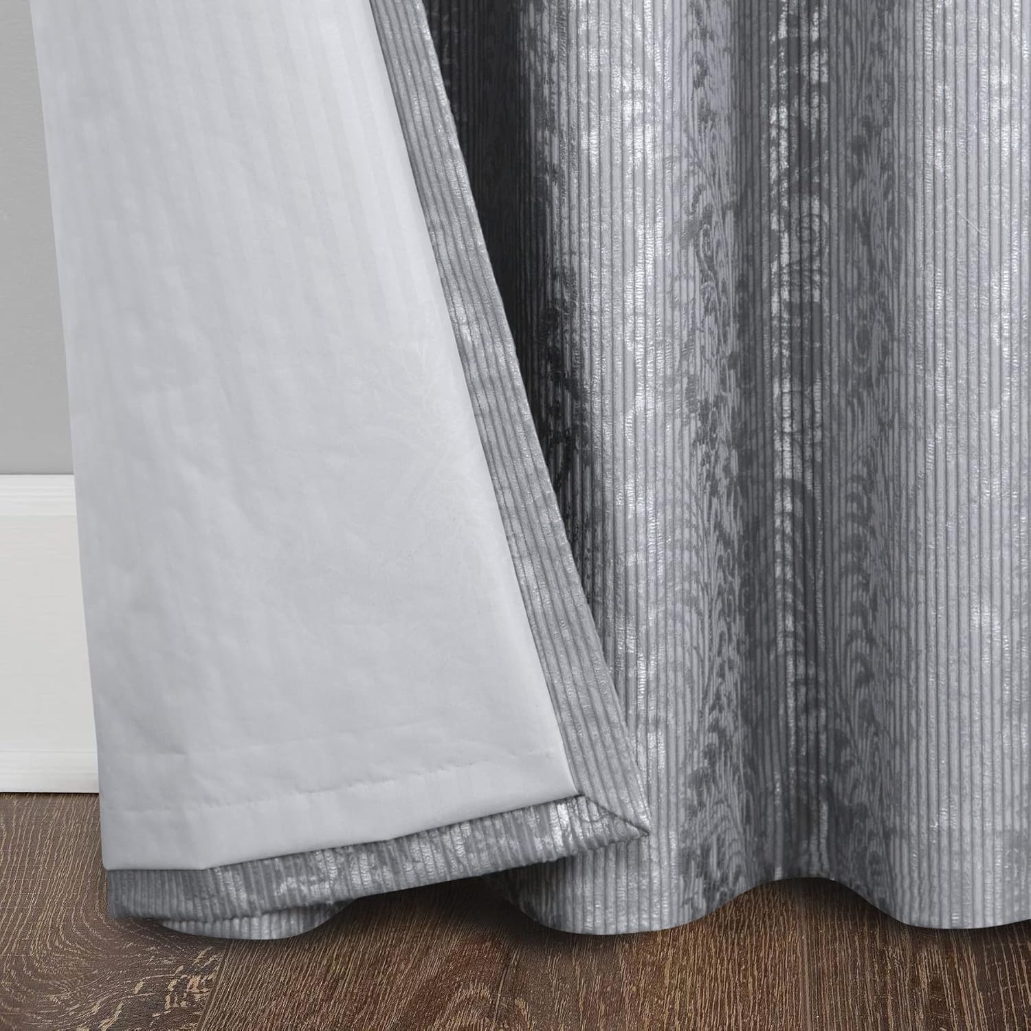 always4u Cortinas 100% opacas de terciopelo con estampado de lámina de damasco de 95 pulgadas de largo, 2 paneles de tratamiento metálico brillante