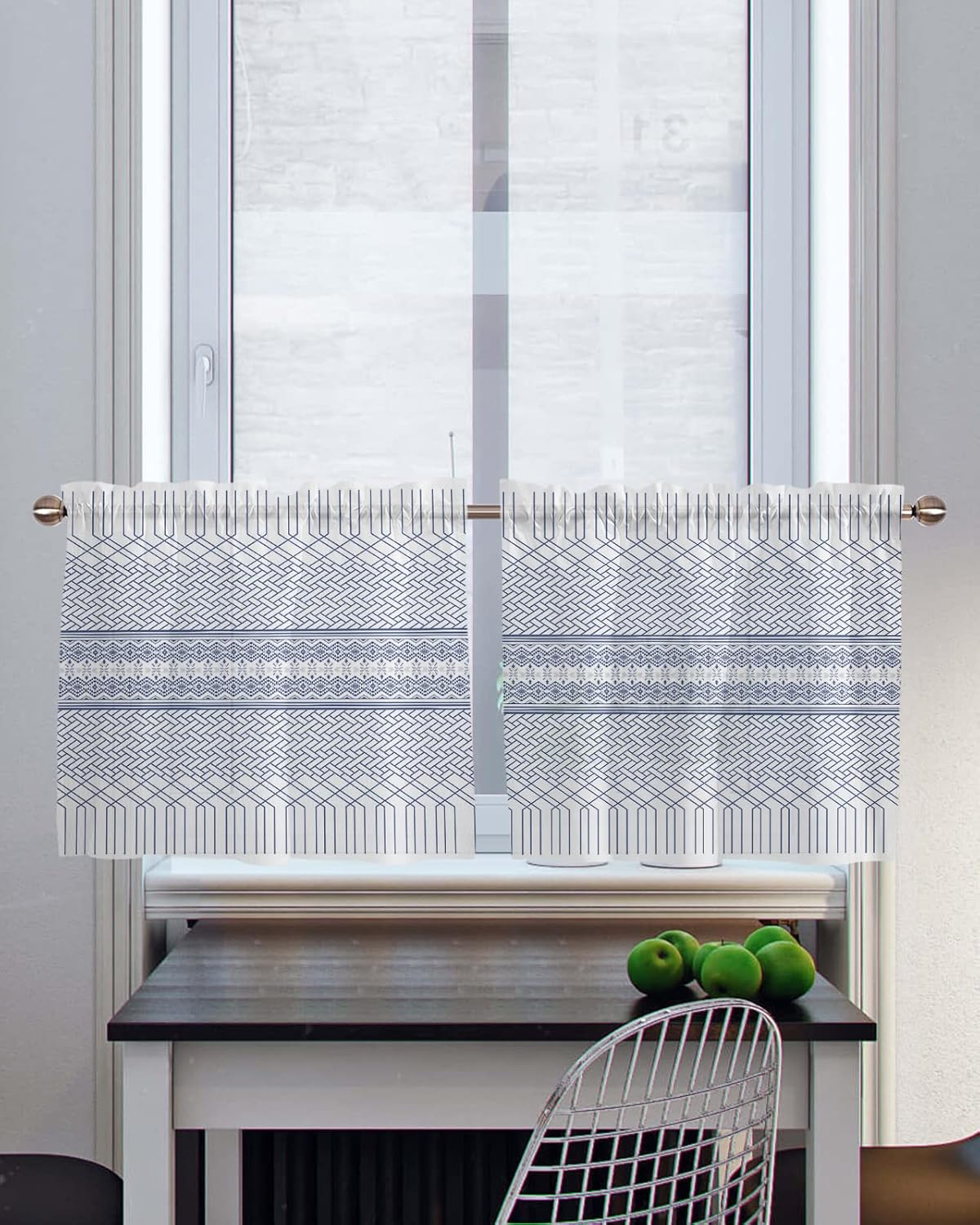 Cortinas traslúcidas geométricas azules para dormitorio, sala de estar, cortina de ventana de 24 pulgadas de largo, cortinas de gasa con bolsillo
