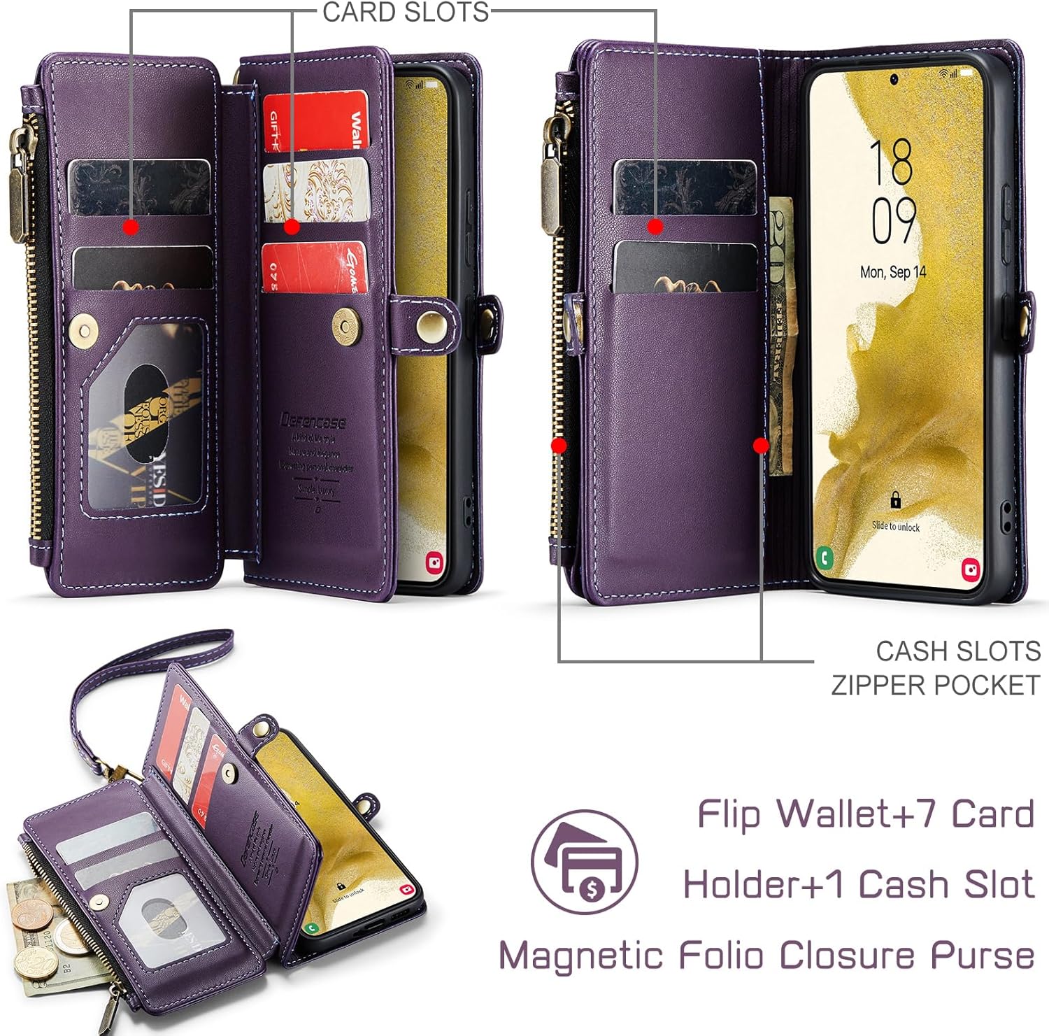 Defencase Funda para Samsung Galaxy S22, bloqueo RFID, para Galaxy S22 para mujeres y hombres con tarjetero y correa magnética de piel sintética