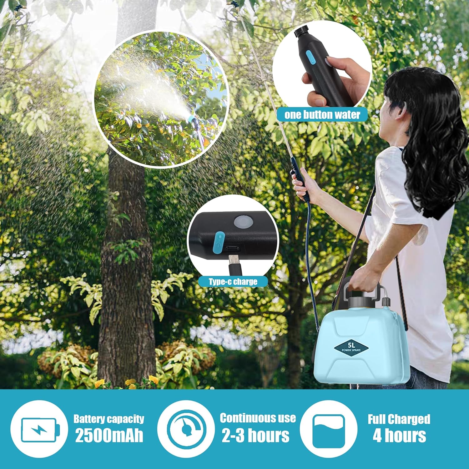 Pulverizador eléctrico a batería, 1.35 galón5L con 3 boquillas de niebla, rociador de jardín con mango recargable USB y varita retráctil, correa de