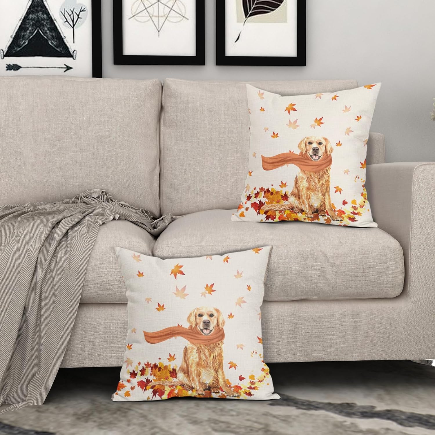 Golden Retriever – Funda de almohada de otoño con diseño de hojas de arce para perro, diseño de casa de campo, diseño moderno de Acción de Gracias,