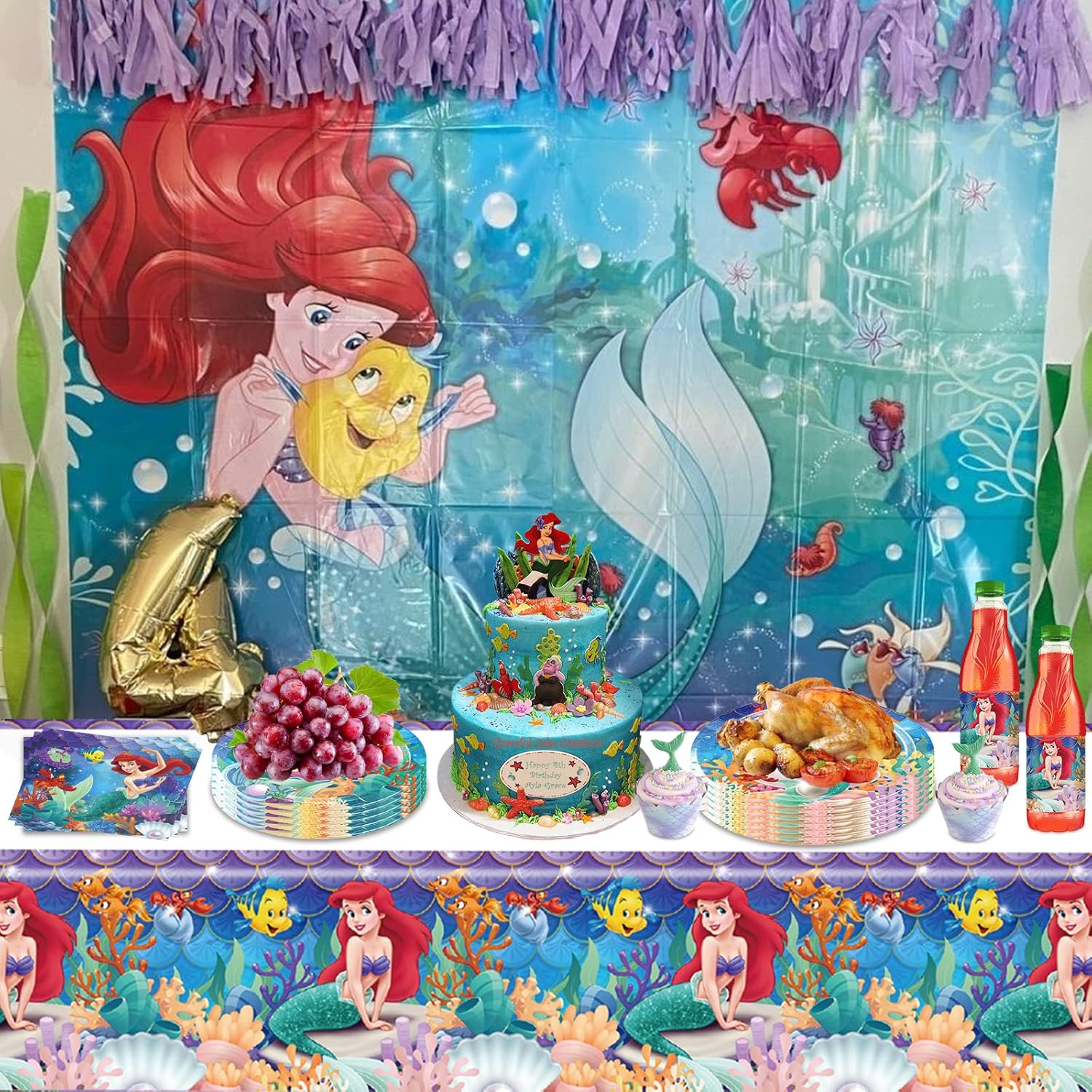 Ariel – Suministros para fiesta de cumpleaños, 20 platos, 20 servilletas y 1 mantel para decoración de fiesta de sirenita para niñas