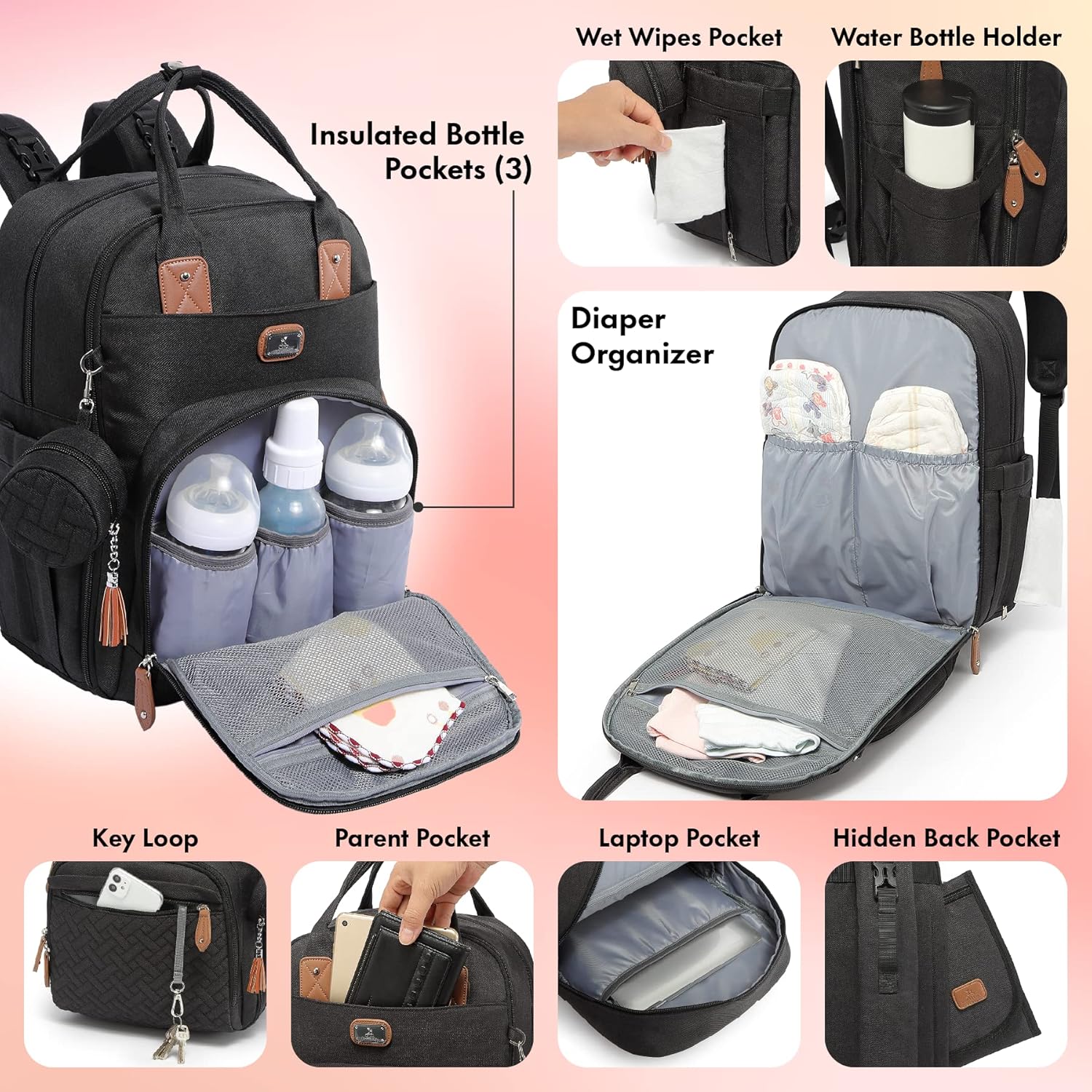 Dikaslon – Mochila para pañales con cambiador portátil, funda para chupete y correas para cochecito, bolsas de bebé unisex grandes para niños y