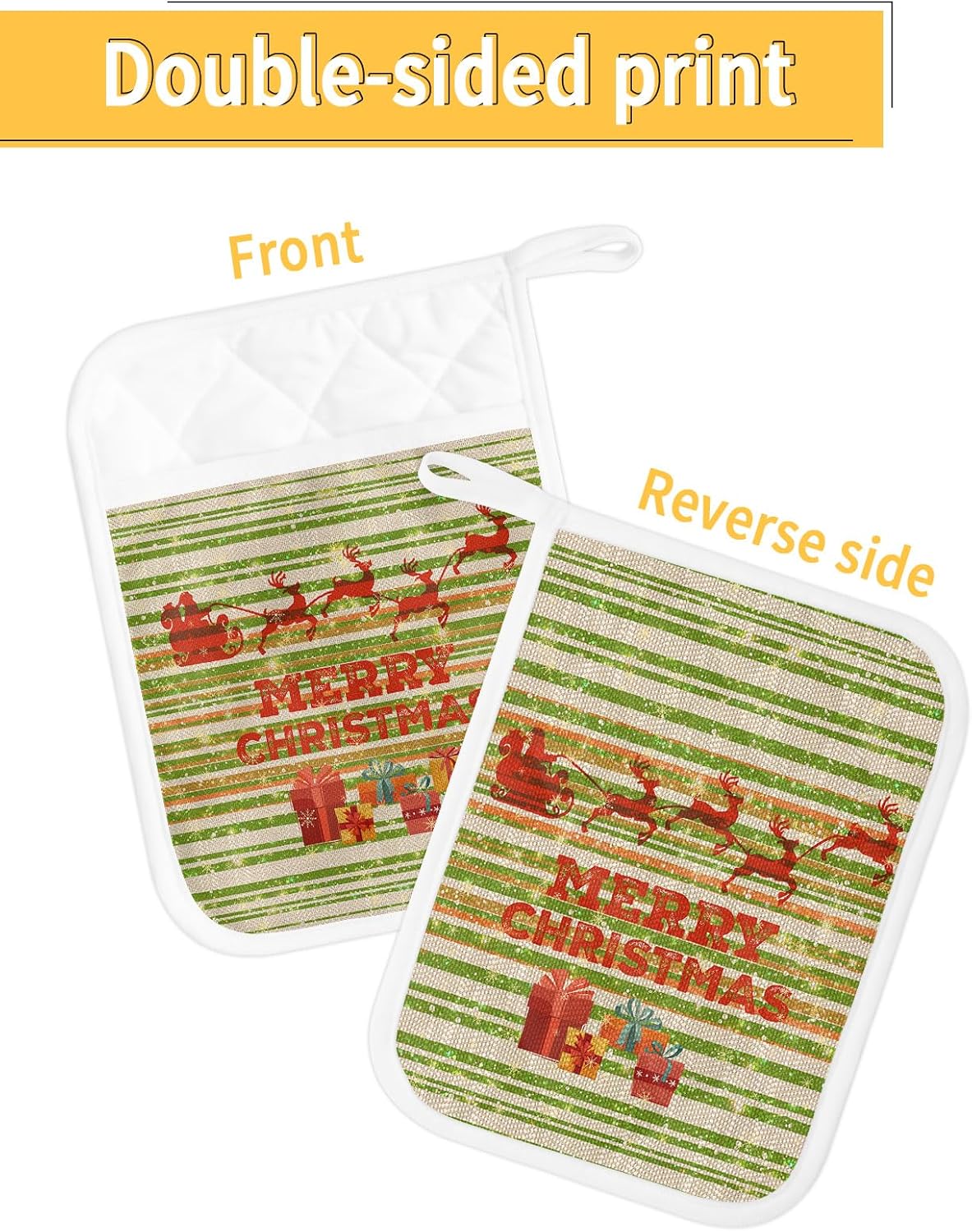 Christmas 2Pcs Pot Holders for Kitchen,Non Slip & Heat Insulation Terry Cloth Potholder Set with Pocket,Thick Hot Pad Oven Mitts Trivet Coaster for
