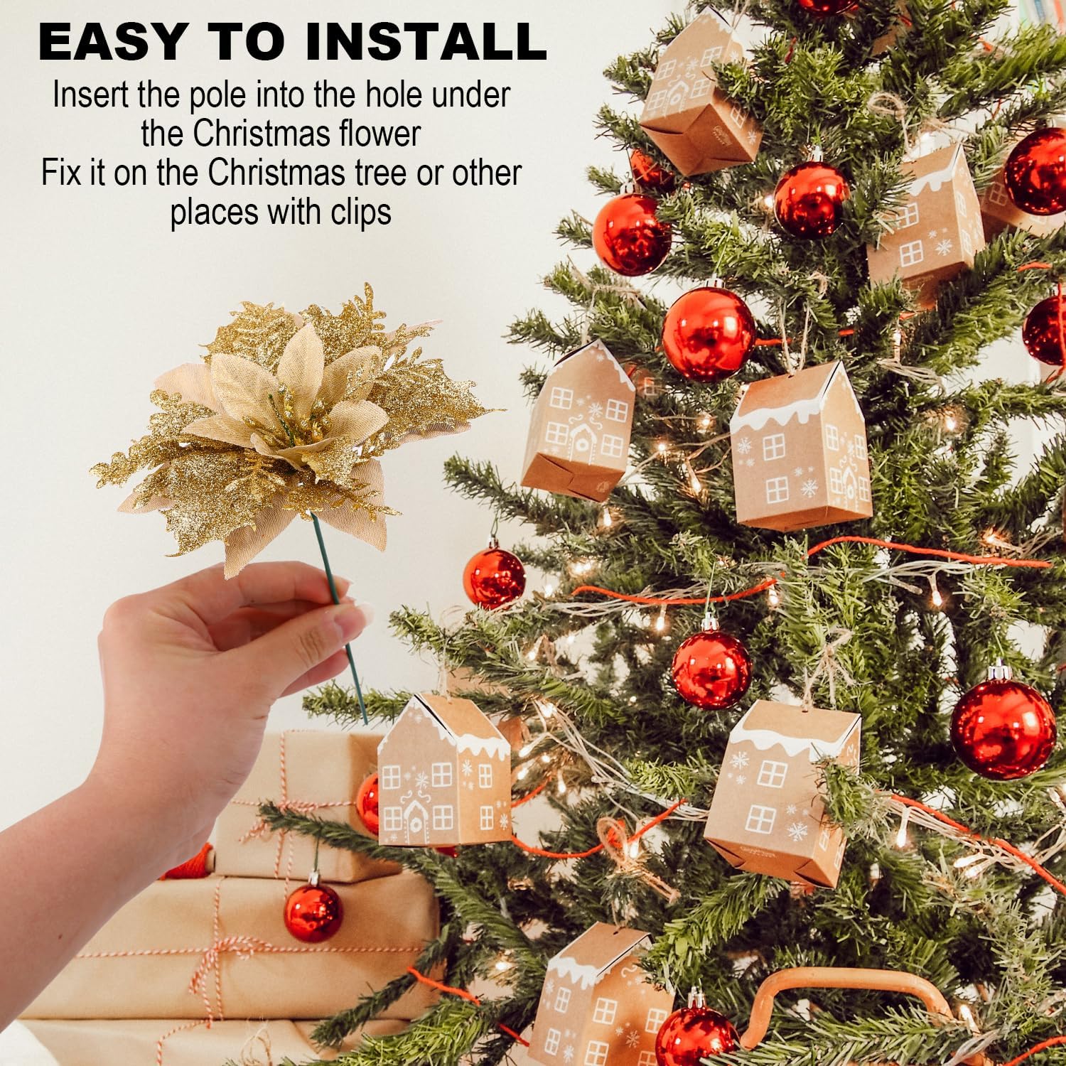 BOXOB 12 adornos de Navidad, flores de Pascua artificiales con 12 pedúnculos y 12 clips de purpurina para decoración de fiesta de árbol de Navidad