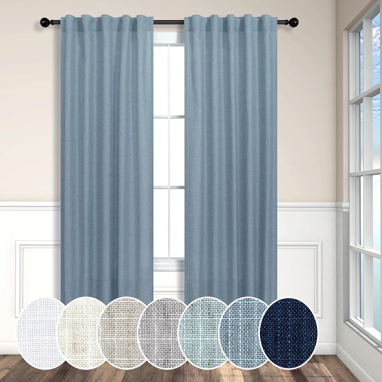 2 paneles de cortinas de lino, 38 pulg An x 84 pulg L, bolsillo pcortinero, pestañas traseras, semitraslúc., largasdelgadas, rústicas, reducc. luz,