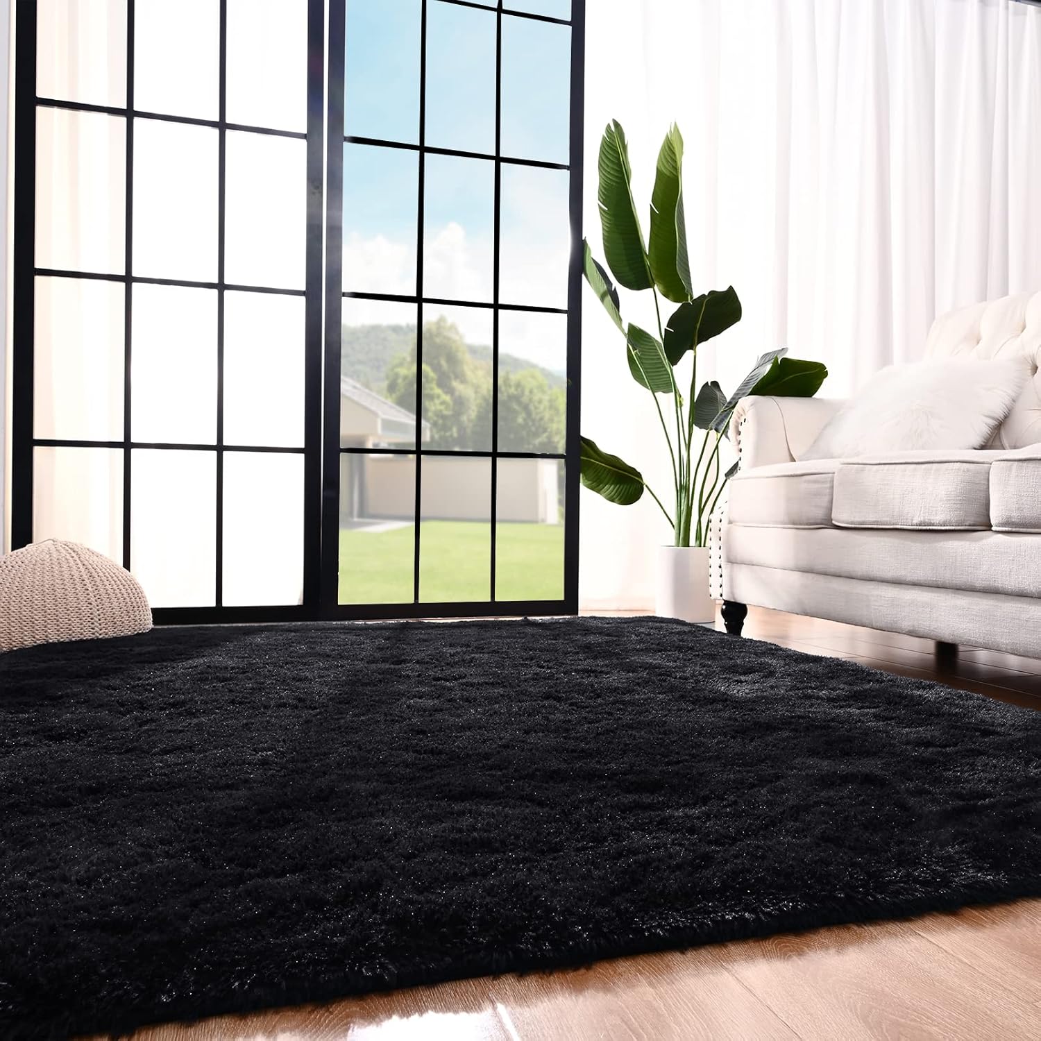 Alfombras negras ultrasuaves para dormitorio, de 7 x 10 pies, alfombras peludas para sala de estar, alfombra peluda grande y cómoda para niños,
