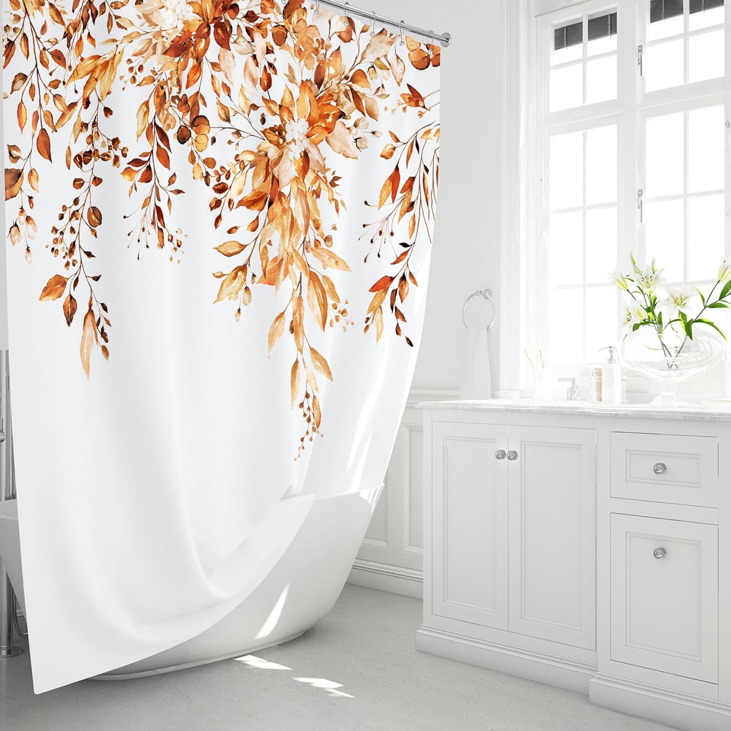 Cortina de ducha de eucalipto naranja, juego de cortina de ducha de tela floral con ganchos de plástico, resistente al agua, cortinas de ducha de