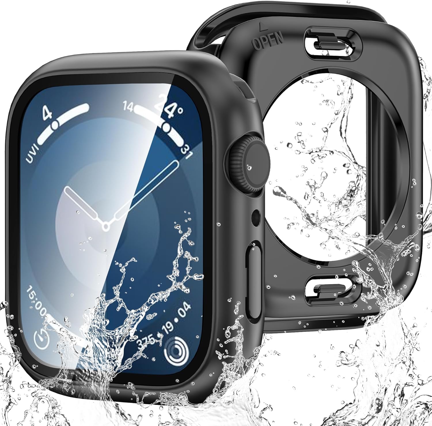 YMHML – Funda impermeable para Apple Watch Series 9 de 1.772 pulgadas, protector de pantalla de vidrio templado 360, cubierta frontal de