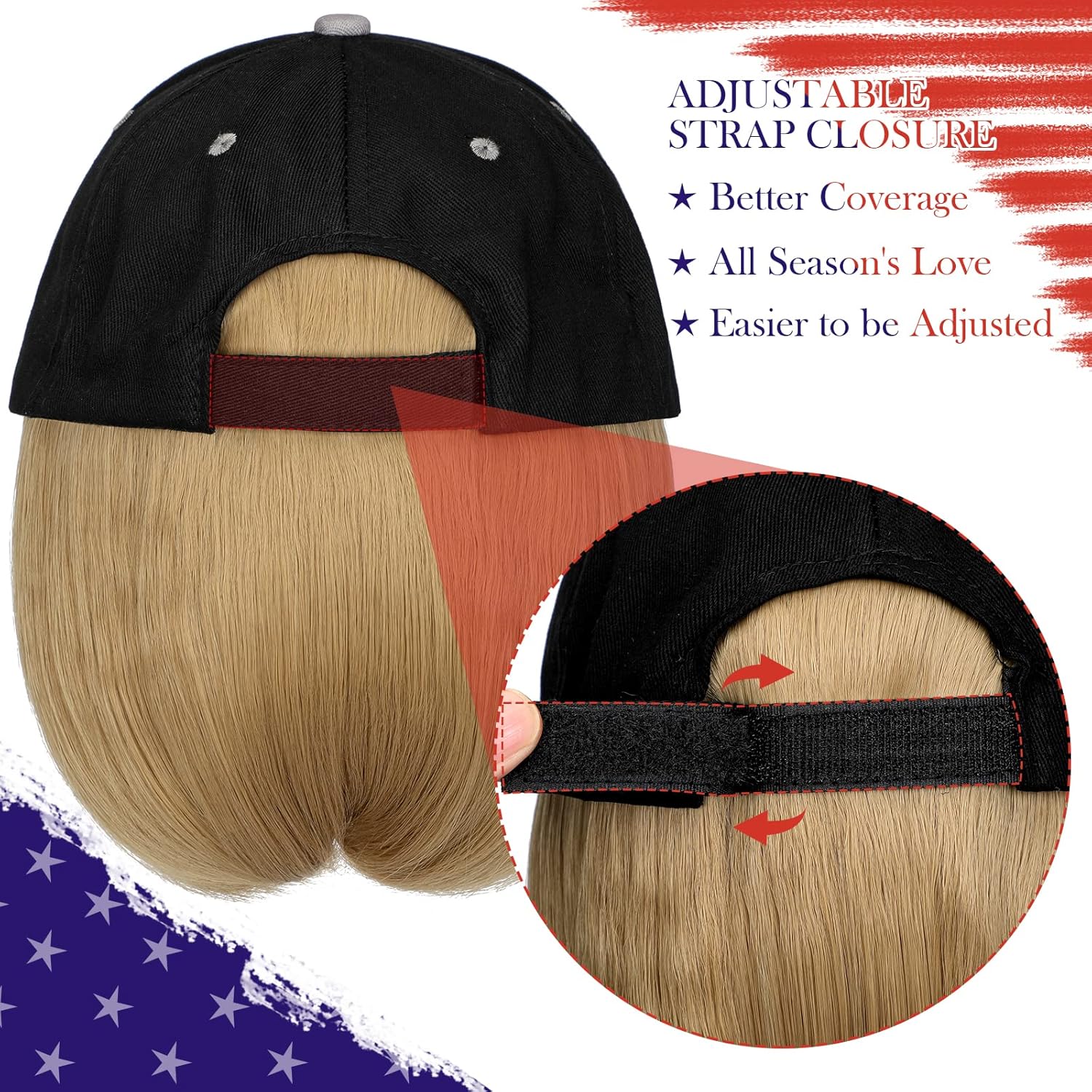 Sombrero de bandera estadounidense con extensiones de cabello, peluca de bandera de Estados Unidos, ajustable, recto, corto, 14 pulgadas, sintético,