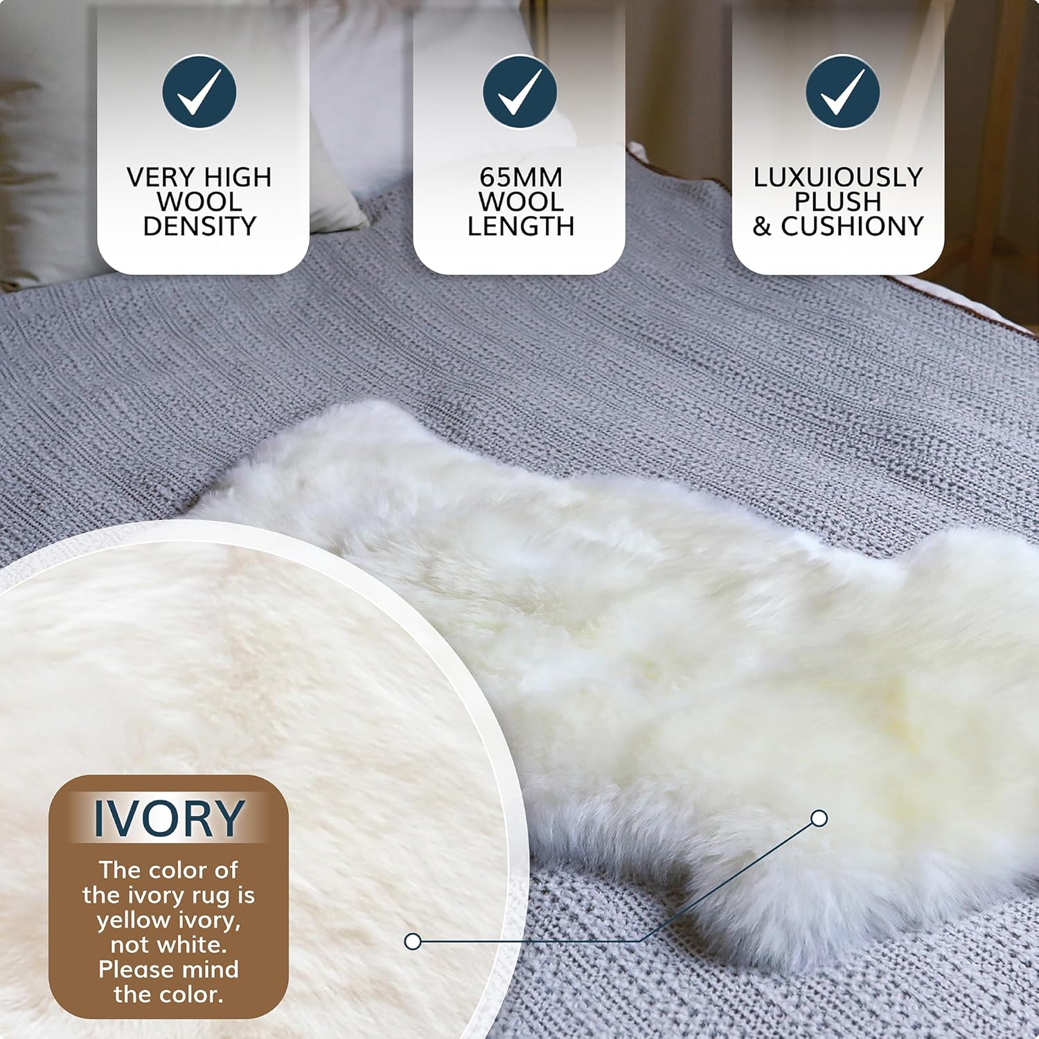 WaySoft(TM) – Alfombra ecológica de piel de oveja marfil de Nueva ZelandaAustralia – Lana auténtica, Lana y mezcla de lana, Ivory