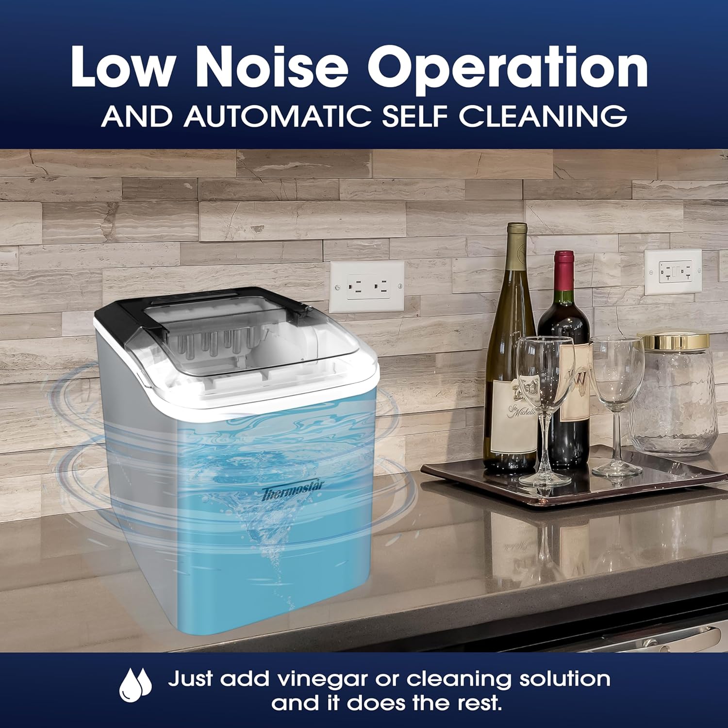 Nostalgia Thermostar Máquina automática de hielo eléctrica portátil autolimpiante para encimera, 26 libras en 24 horas, 9 cubitos de hielo listos en