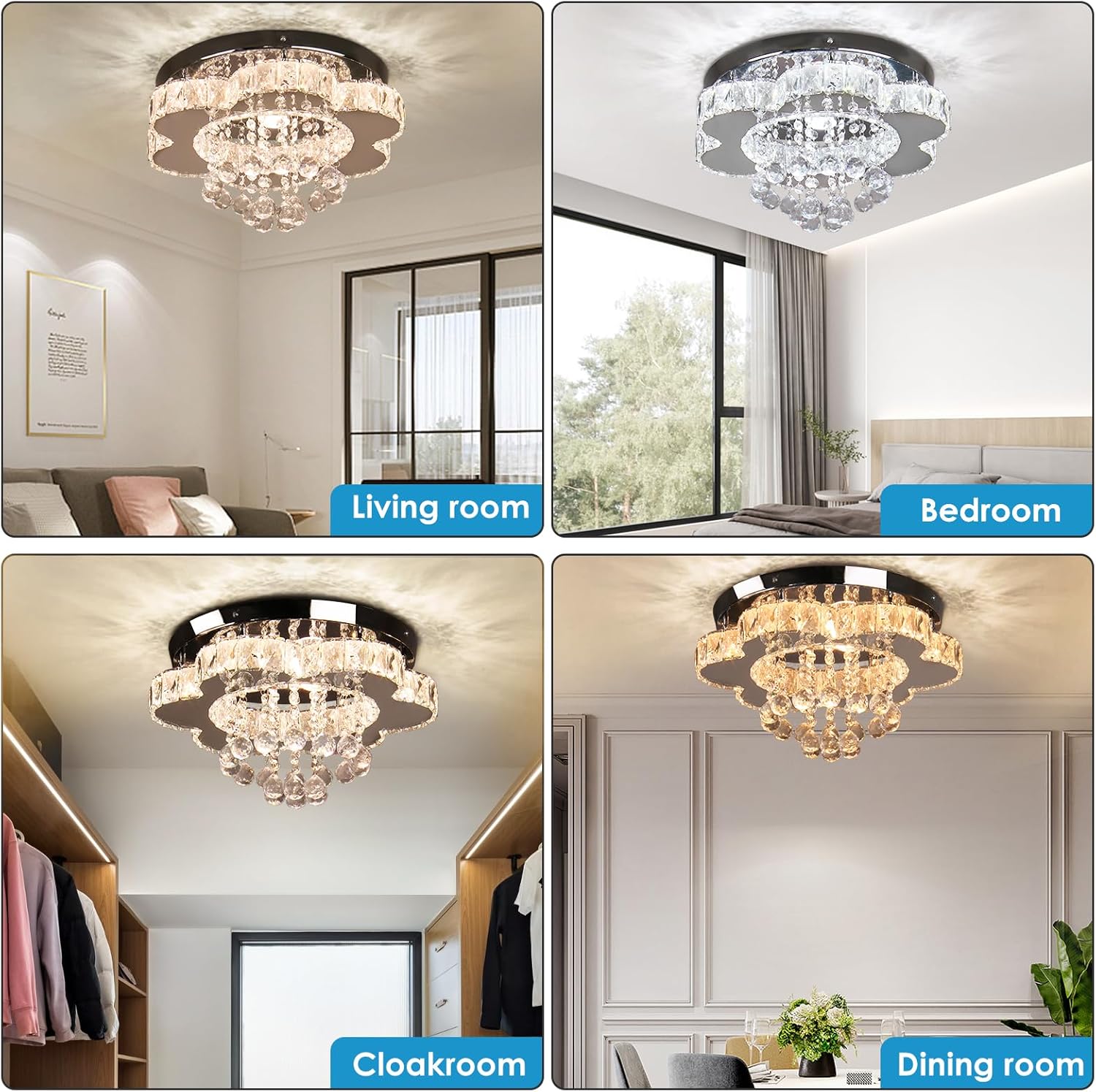 Finktonglan Candelabro LED de cristal moderno de 16 pulgadas, lámpara de techo de montaje empotrado, lámpara de comedor de flores para sala de