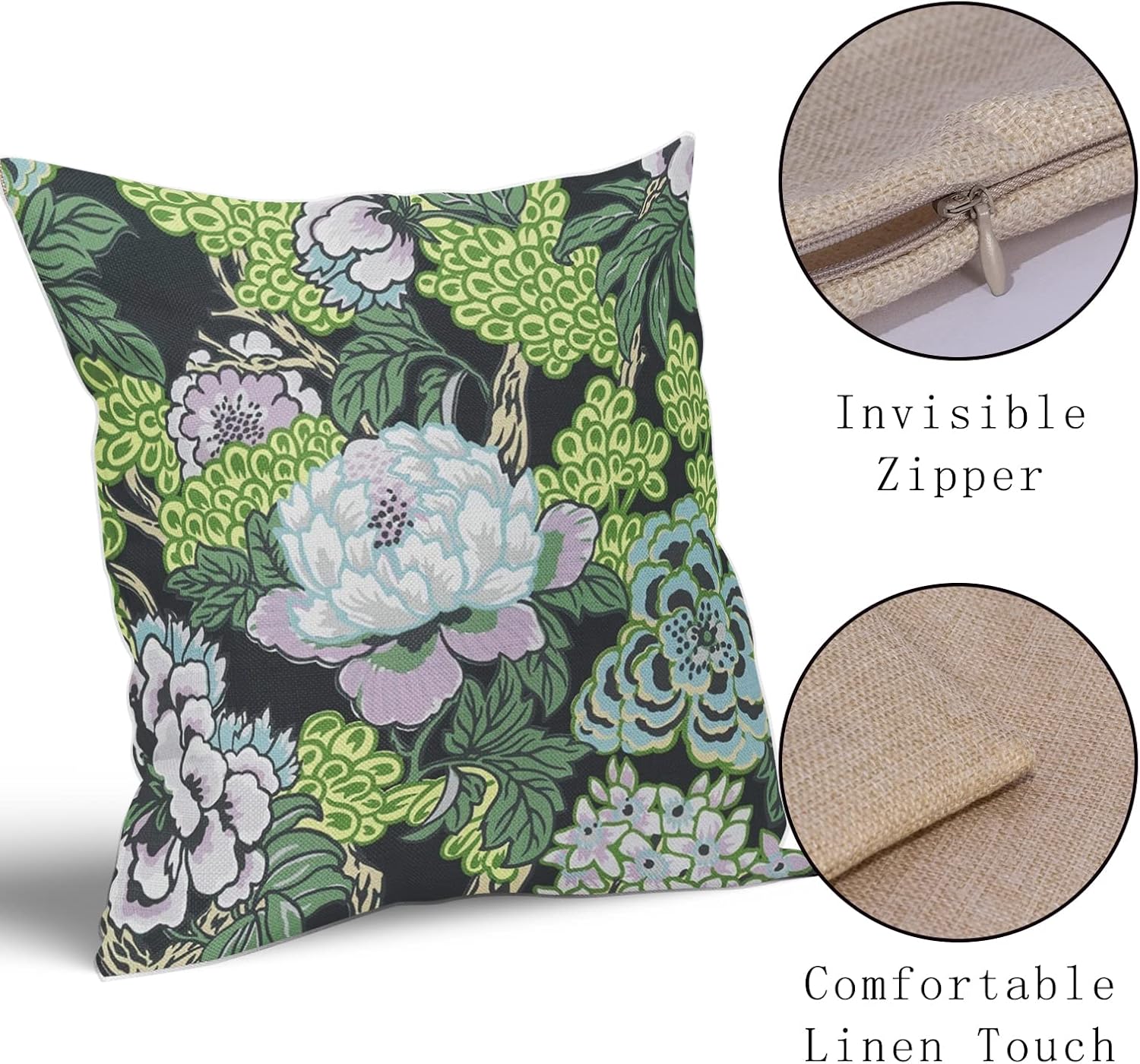 Juego de 2 fundas de almohada florales de color blanco y verde turquesa de 18 x 18 pulgadas, fundas de almohada decorativas de lino para