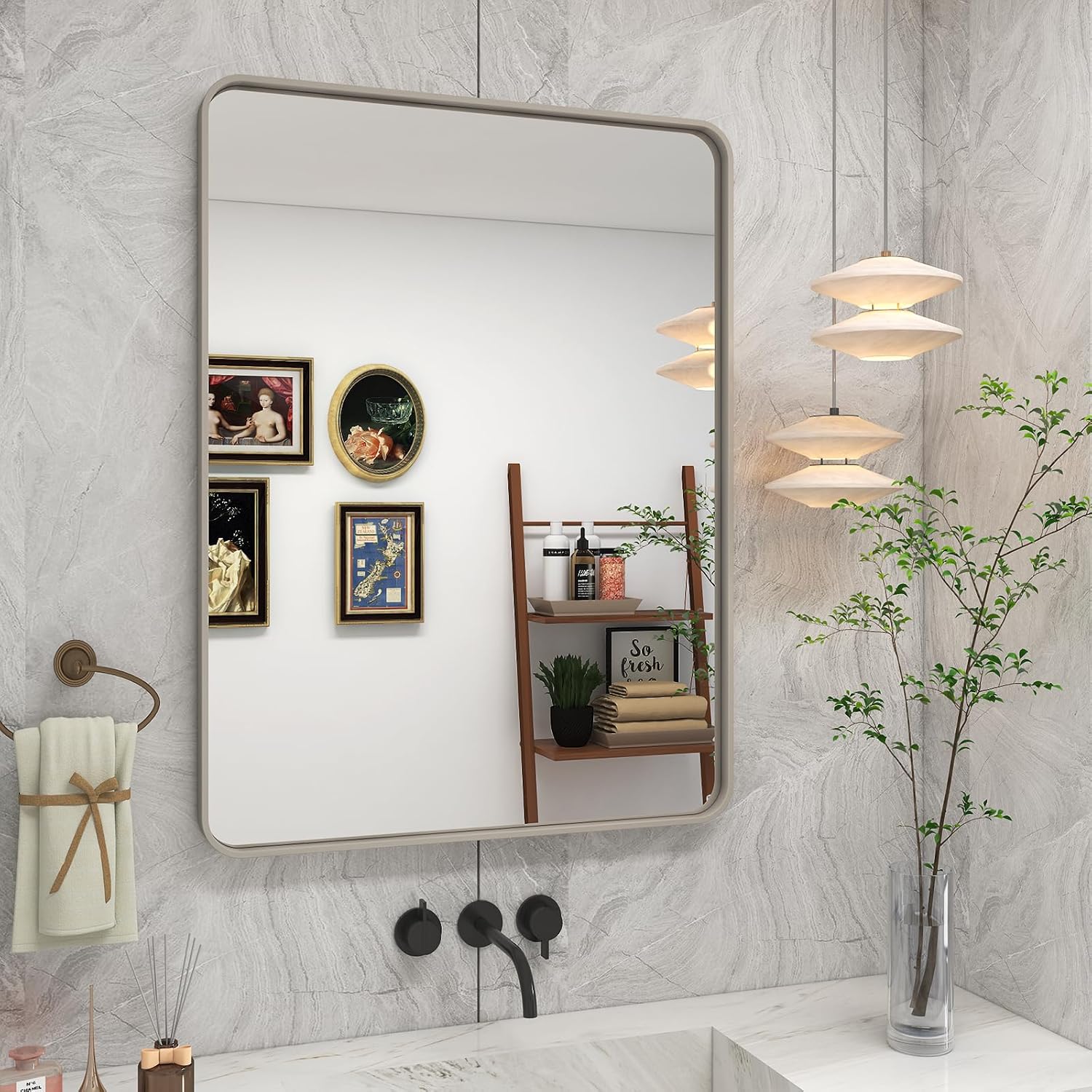 VANLIO Espejo de baño cepillado plateado, espejo con marco de metal plateado de 24 x 32 pulgadas para tocador, espejo de pared moderno rectangular