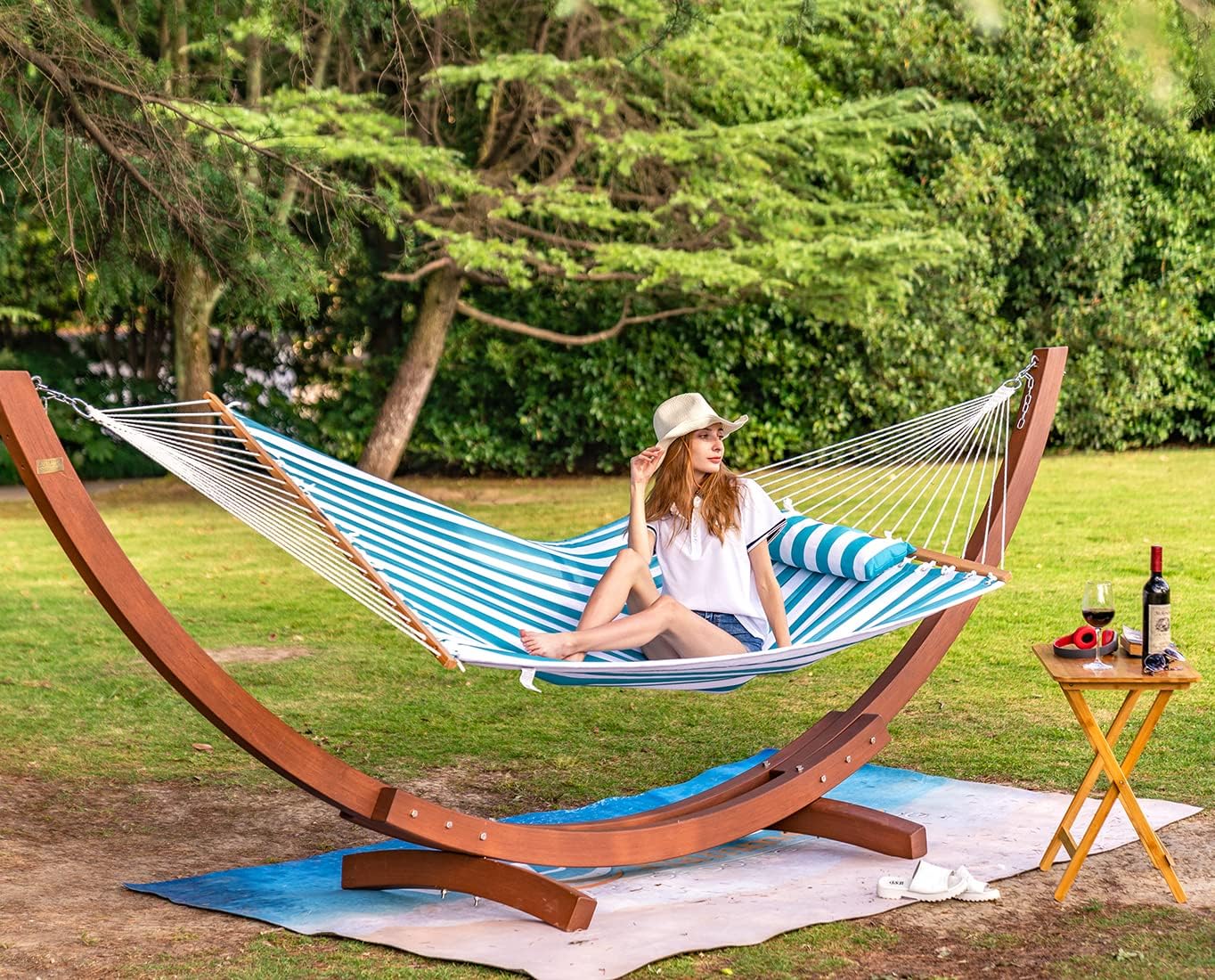 Lazy Daze Hammocks Hamaca doble de tela acolchada de 12 pies con barras separadoras y almohada desmontable, hamaca para 2 personas para patio al