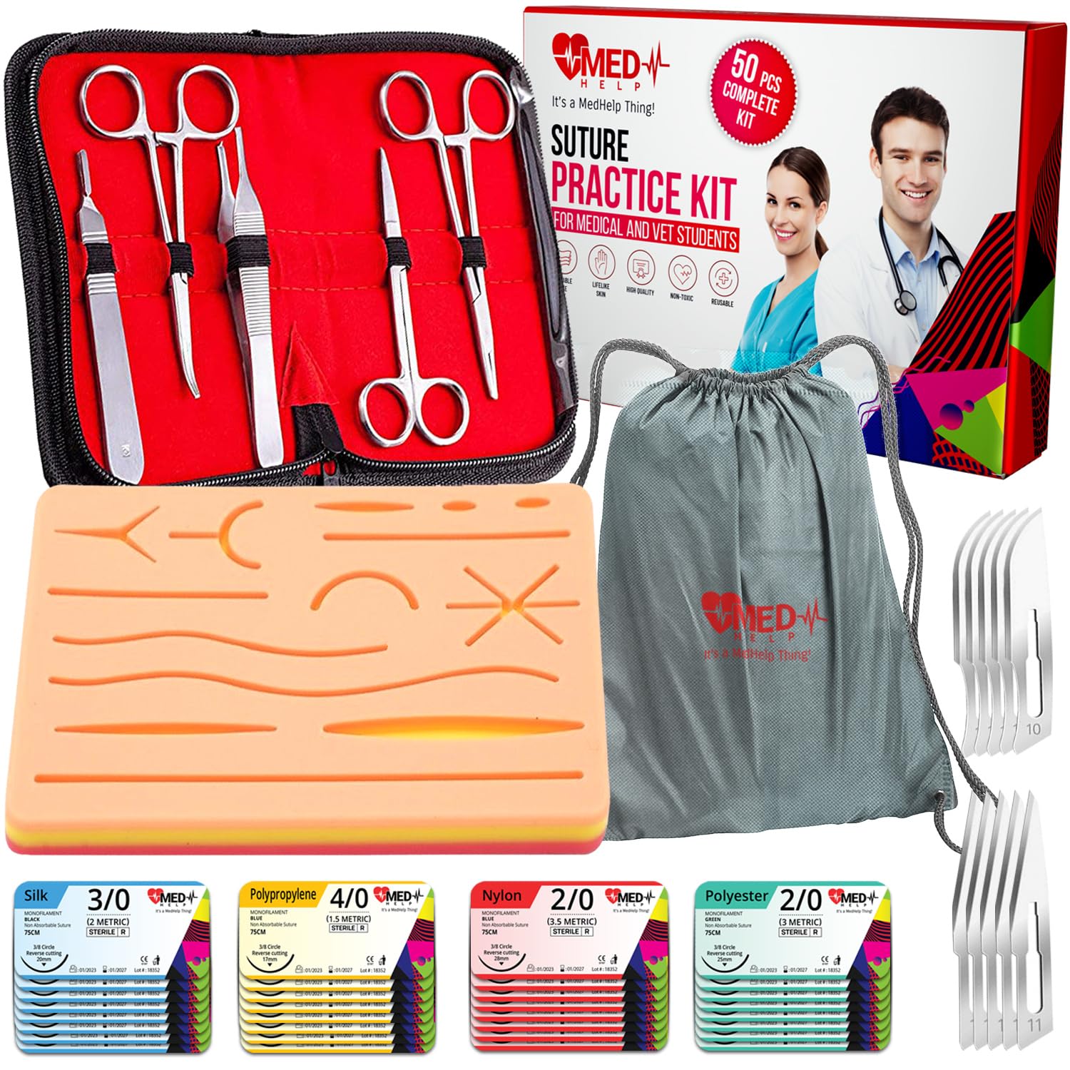 MedHelp Kit de sutura de 50 piezas para estudiantes de medicina de práctica – Kit completo de práctica de sutura para entrenamiento quirúrgico
