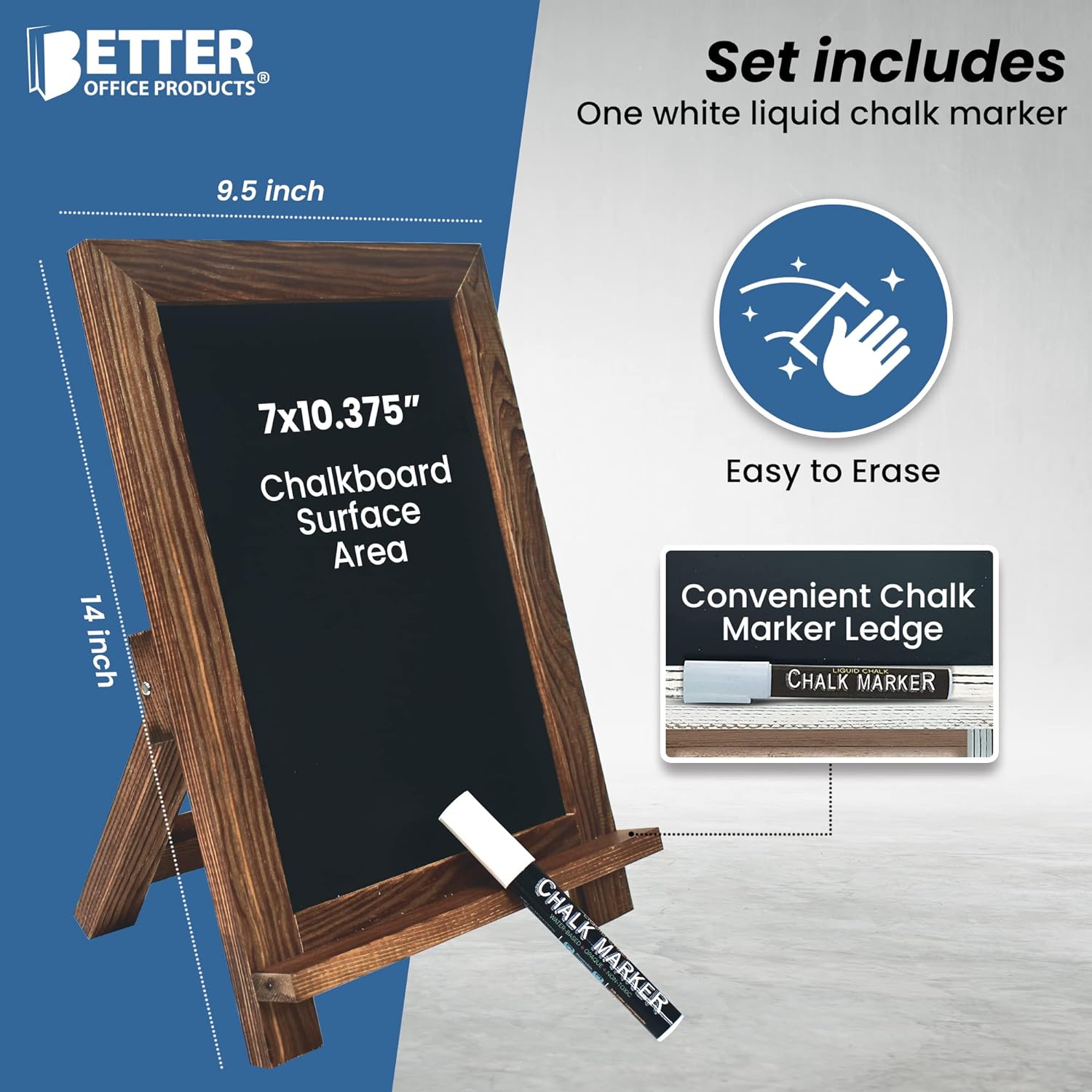 Better Office Products Letrero enmarcado de pizarra de mesa, 9.5 x 14 pulgadas, marco de madera rústica, pizarra magnética pequeña, reborde